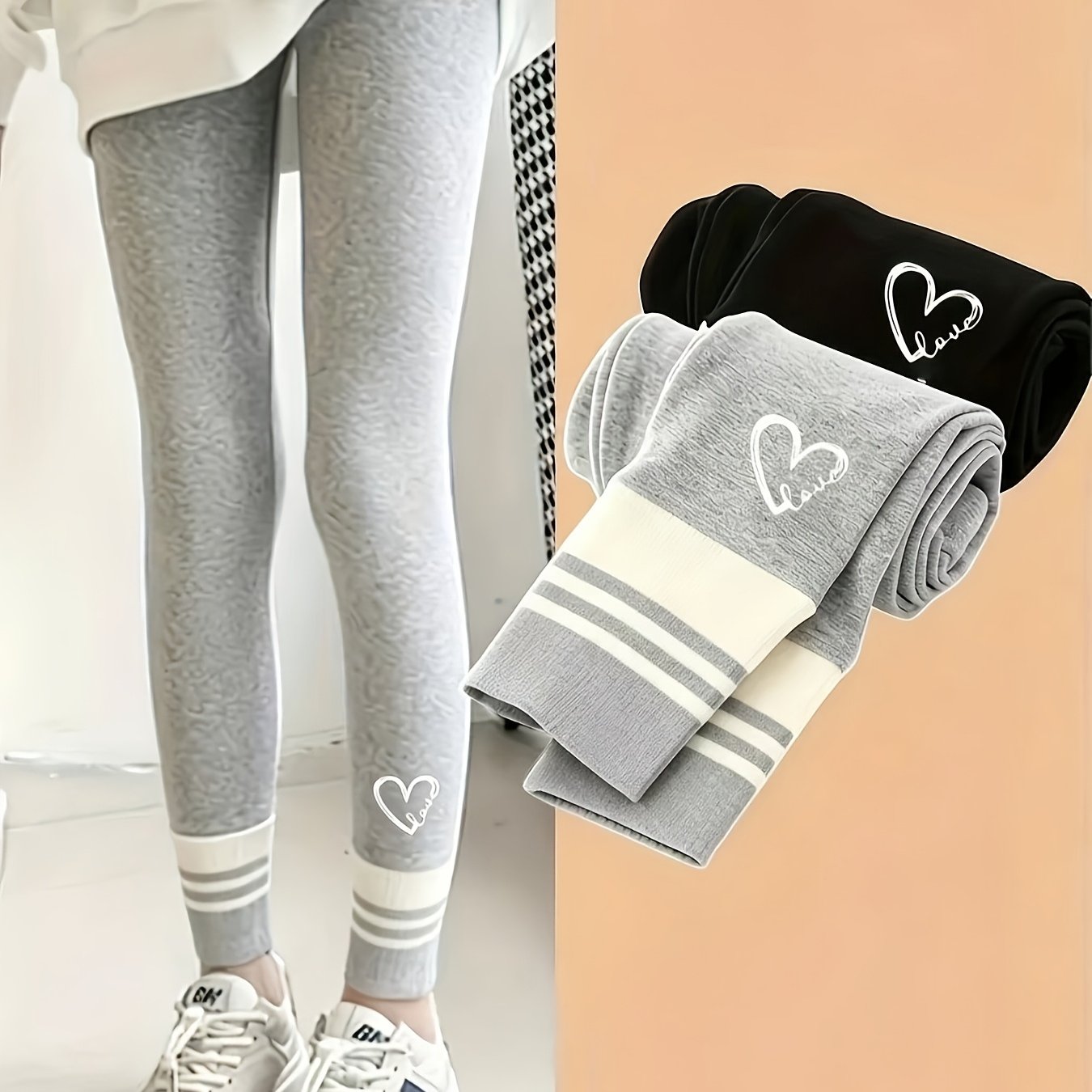 Image of 2pcs Set Girls Spring Autumn High-stretch Leggings, Cuffs, Fashion Heart Print, Suitable For Outdoor