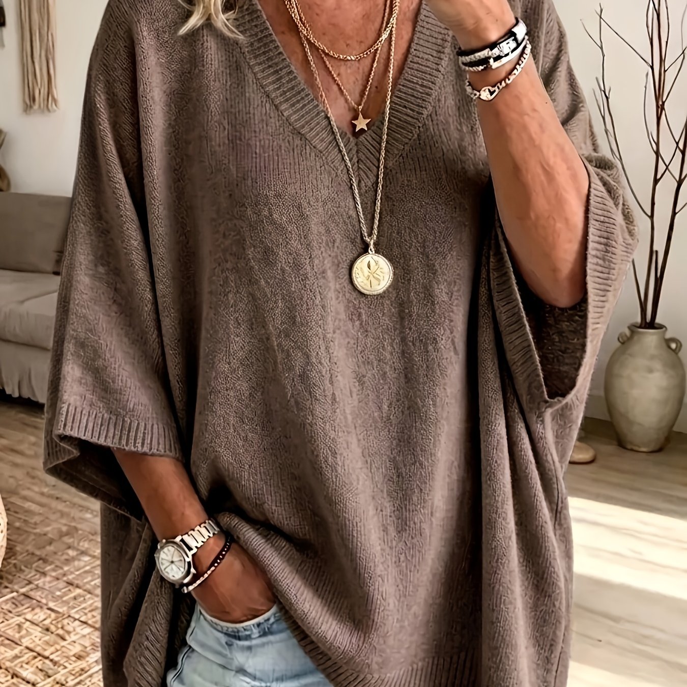 TEMU Plus Size - Plus Size - Women's Spring Autumn Elegant Casual Cute Sexy Middle Eastern Style Spring Autumn Solid Color V-neck Bohemian Casual Hem