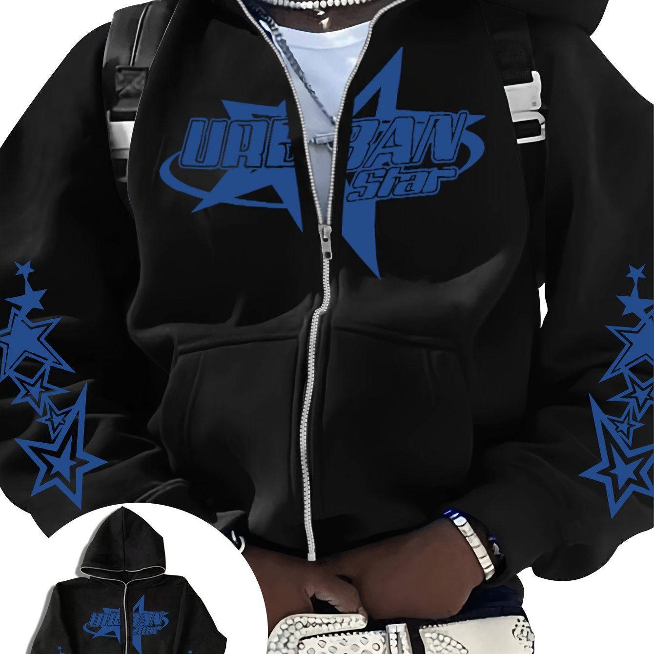 TEMU Trendy Men's Fashion Long Zipper Sweatshirt, Urban Star Brand Printed Casual Sport Jacket, Street Style Versatile Top, Warm Thick Winter Style
