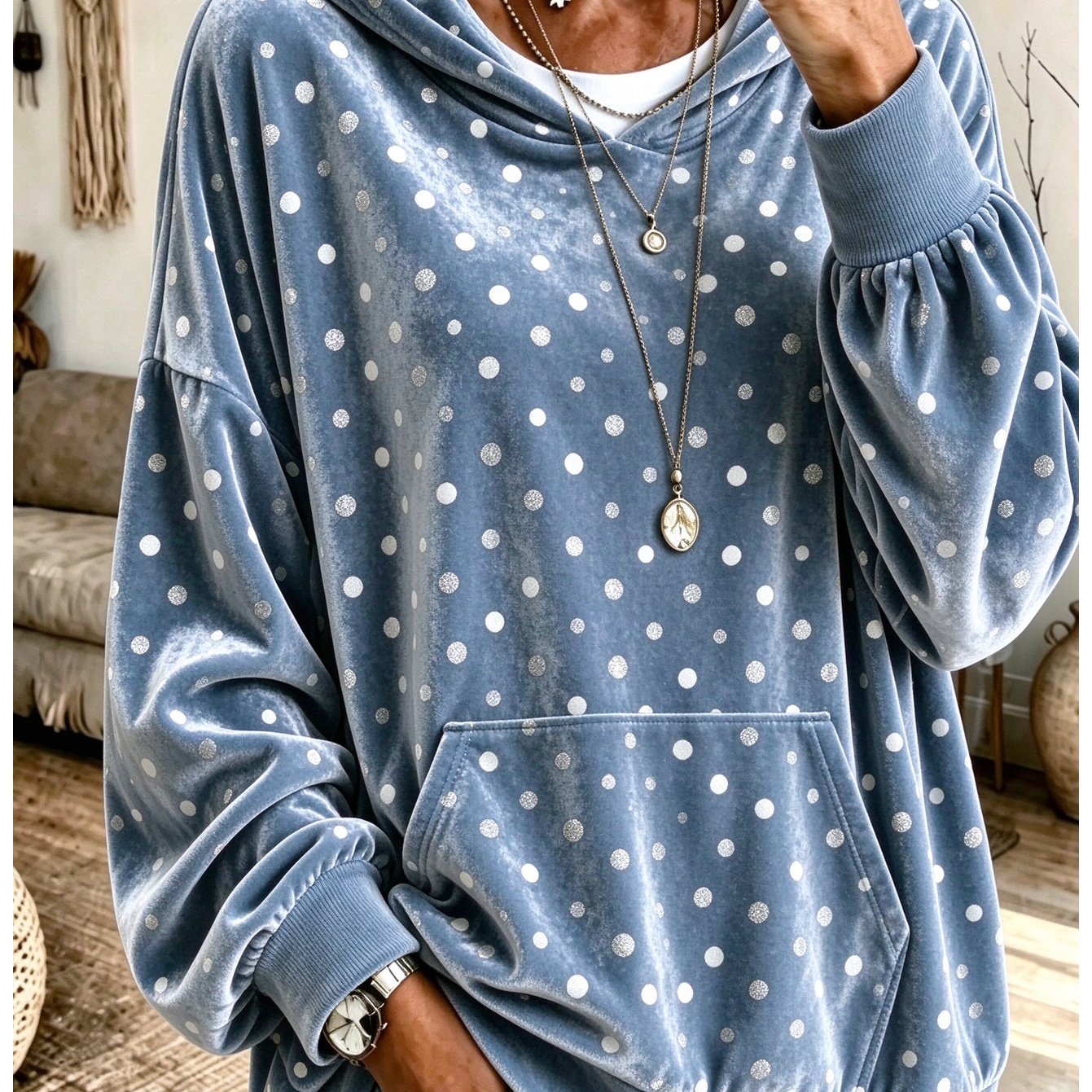 Image of Elegant Women's Velvet Hoodie Featuring A Stylish White Polka-dot Pattern And Long Sleeves; A Versatile Pullover For Casual , Gatherings, Holidays, And Vacations-ideal For Autumn And Winter Wear.