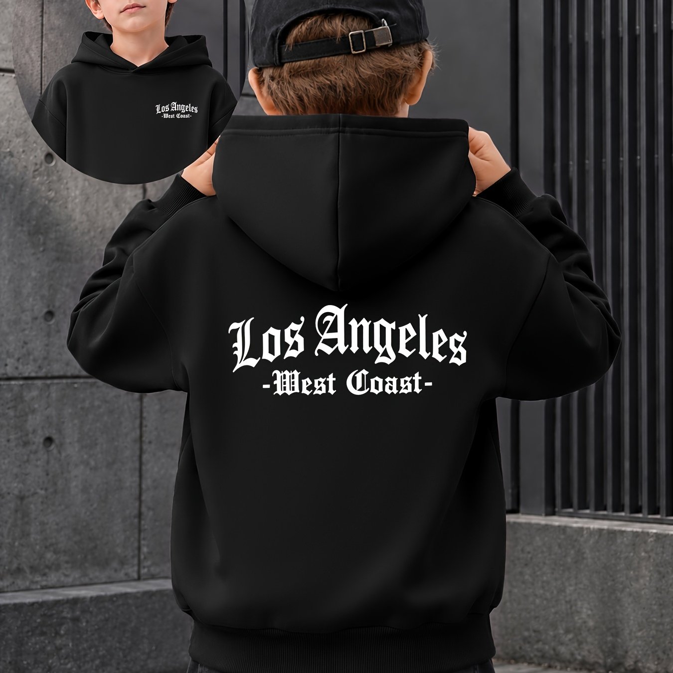 Image of Boys' Autumn And Winter Soft Terry Hooded Sweatshirt, Stylish Los Angeles Letter Exquisite Printing On Sides, Versatile Top, Suitable For Boys' Running, Walking, And Outdoor Activities.