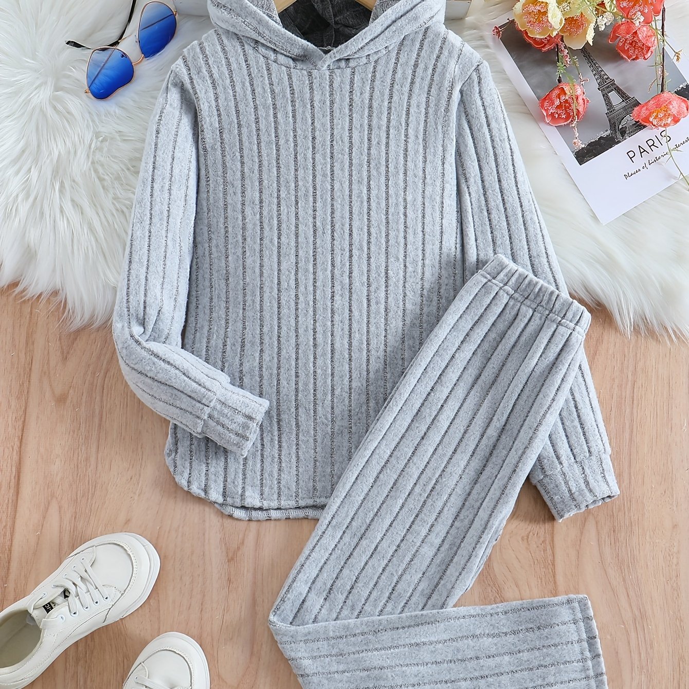 Image of 2pcs Set Girls' Fashion Hooded Long Sleeve And Long Pants, Spring Autumn Comfortable Good-looking Textured Fabric , For Outdoor