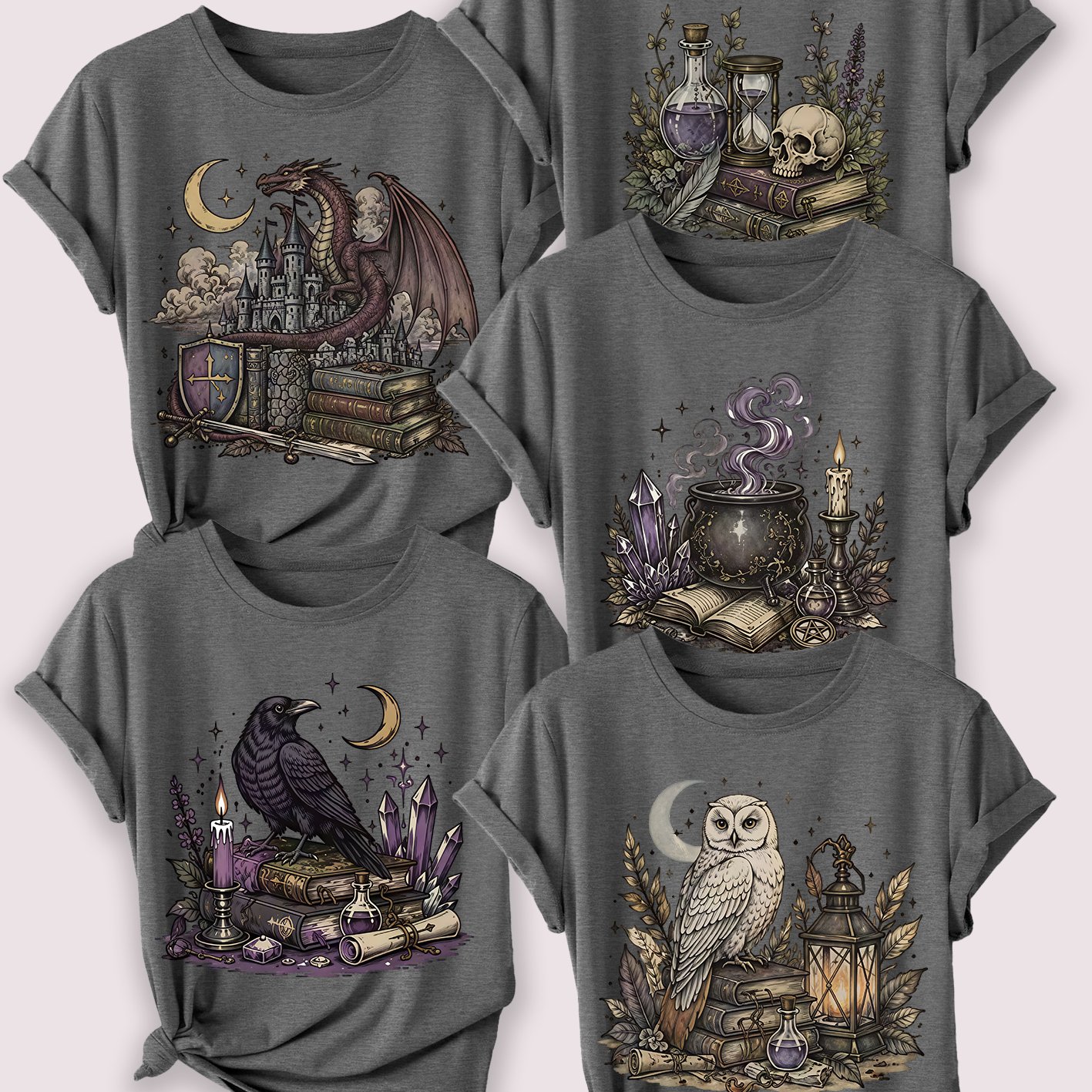 TEMU Holiday Clothing Directional 5pcs Women's T-shirt Set, Fantasy Crow Owl Retro Print Summer Casual Elegant Women's Top, Short Sleeve, Summer