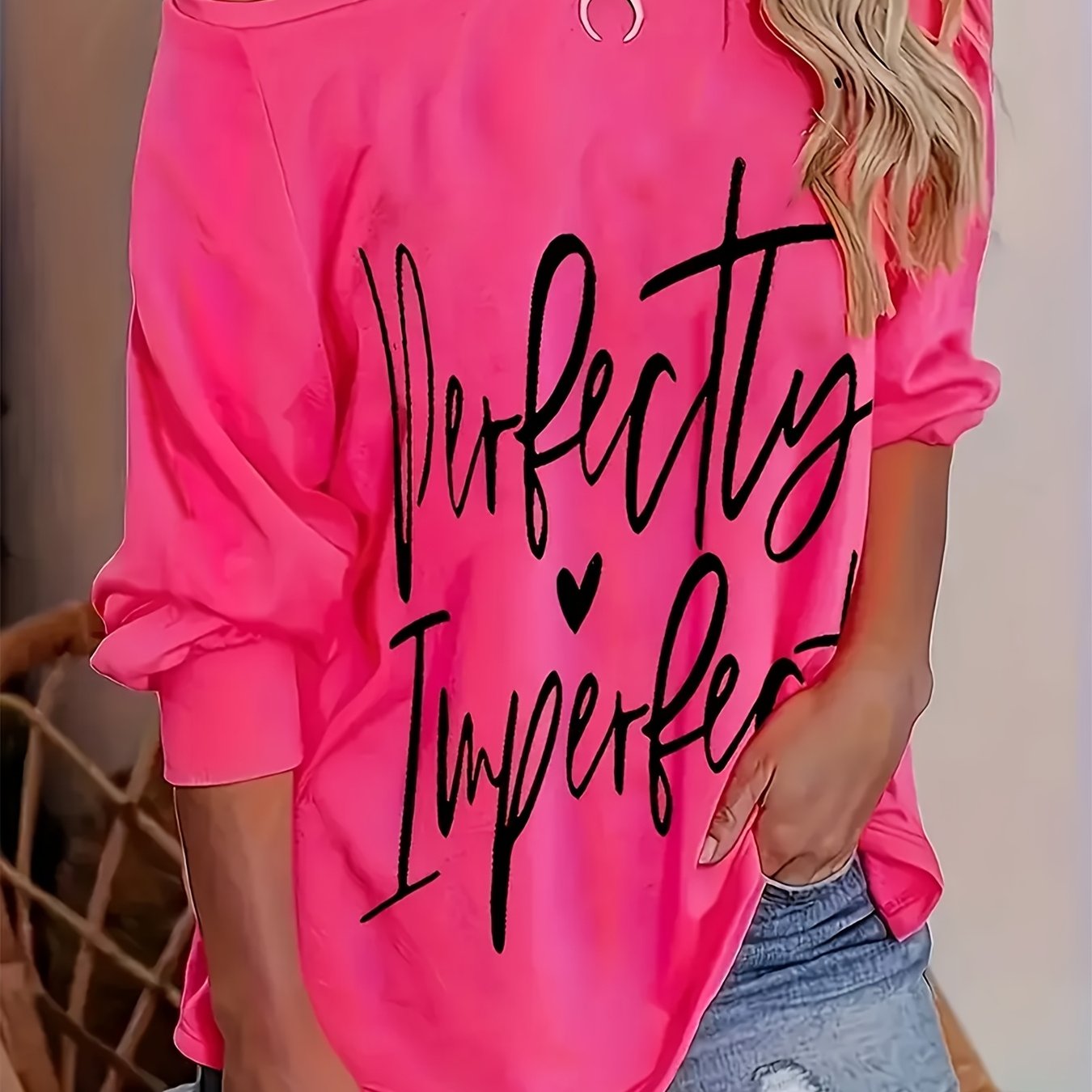Image of Plus Size, Plus Size Women's Pink "" Letter Print Long Sleeve Top - Loose Fit Flared Hem, Raglan Sleeves & Heart Detail, Stretchy Casual Shirt For