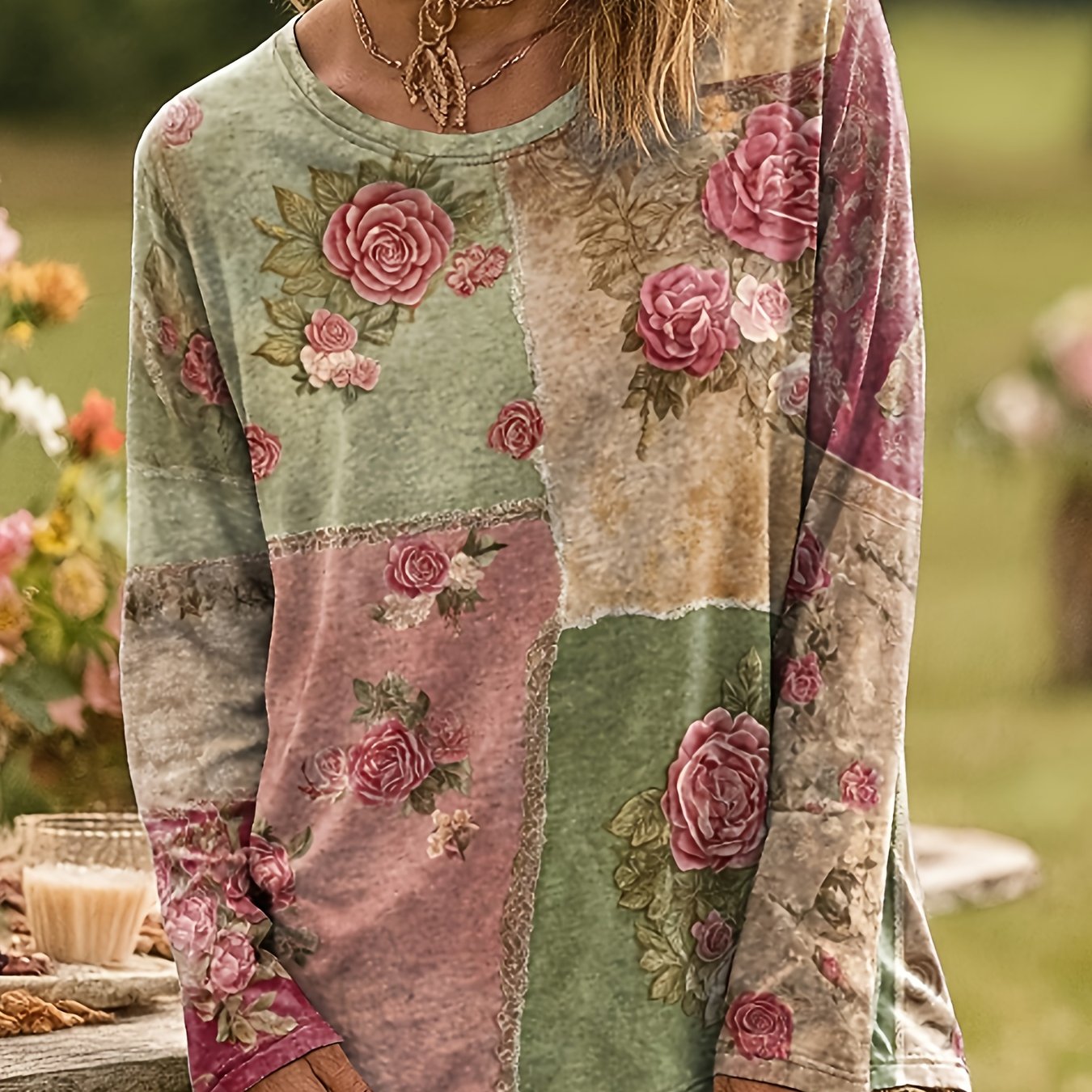 TEMU Plus Size - Plus Size - Women's New Casual Retro Printed Round Neck Long Sleeve T-shirt
