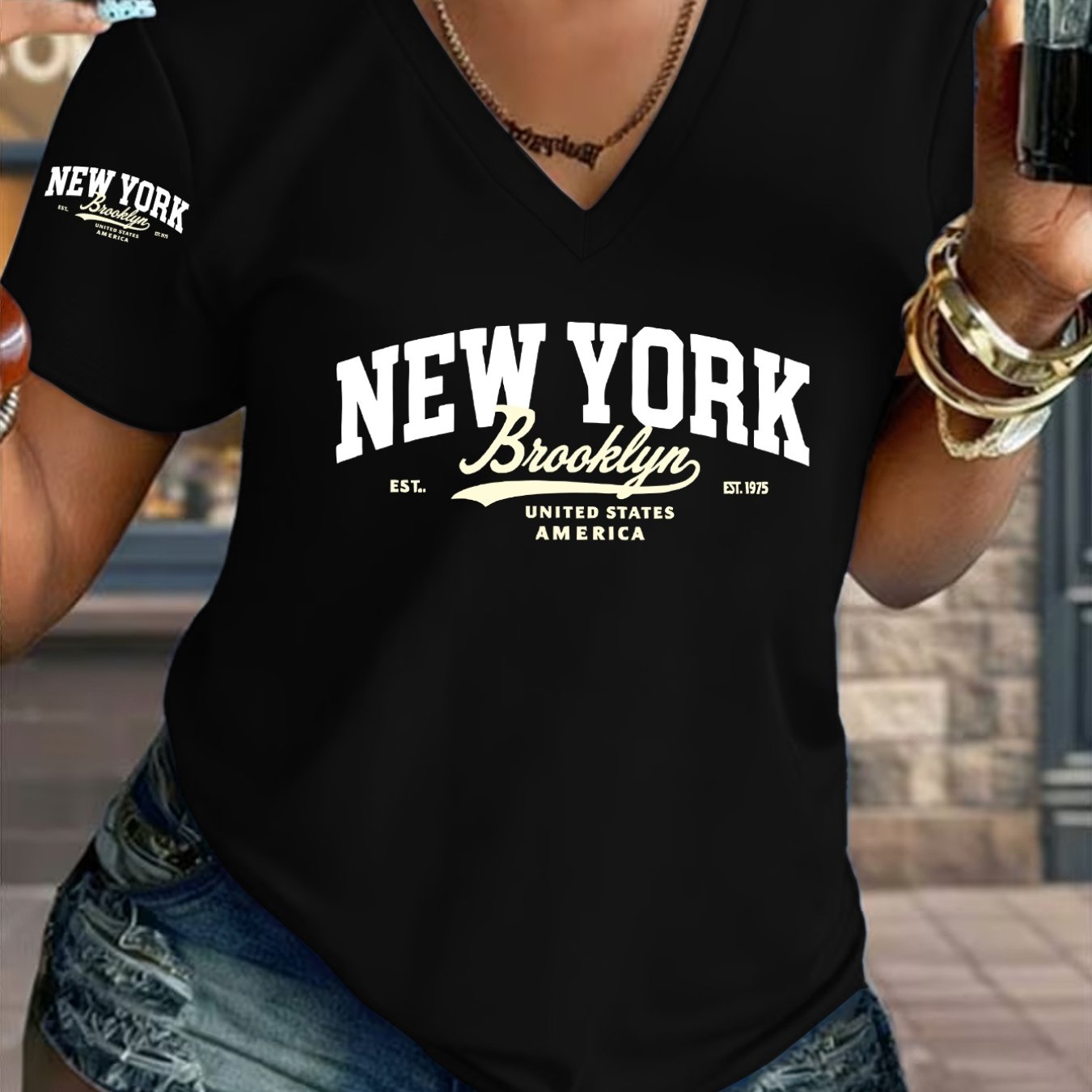 TEMU 1pc Brooklyn Print V-neck T-shirt, Highlight, Fashionable And Versatile Style, New Summer Y2k Style Women's Casual Sportswear, Single Sleeve