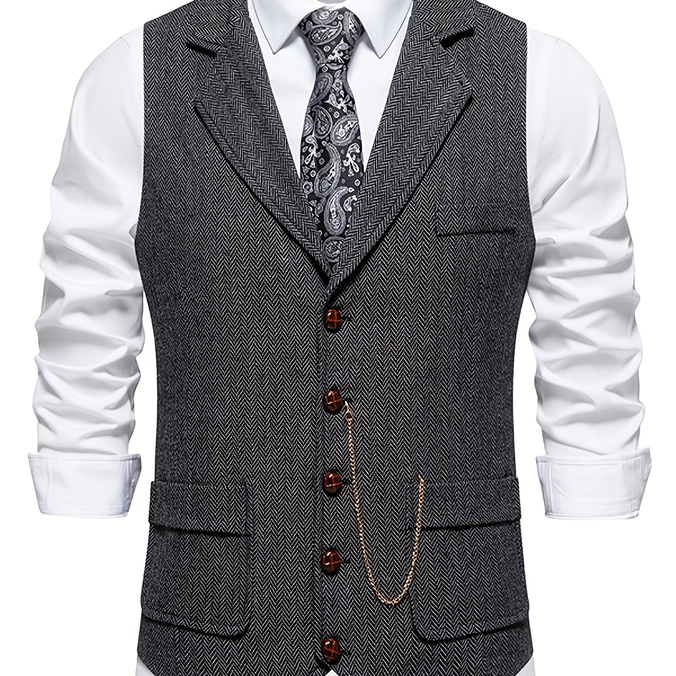 TEMU Men's Vintage Old Money Style Suit Lapel Tie Chain Vest, Smart Casual