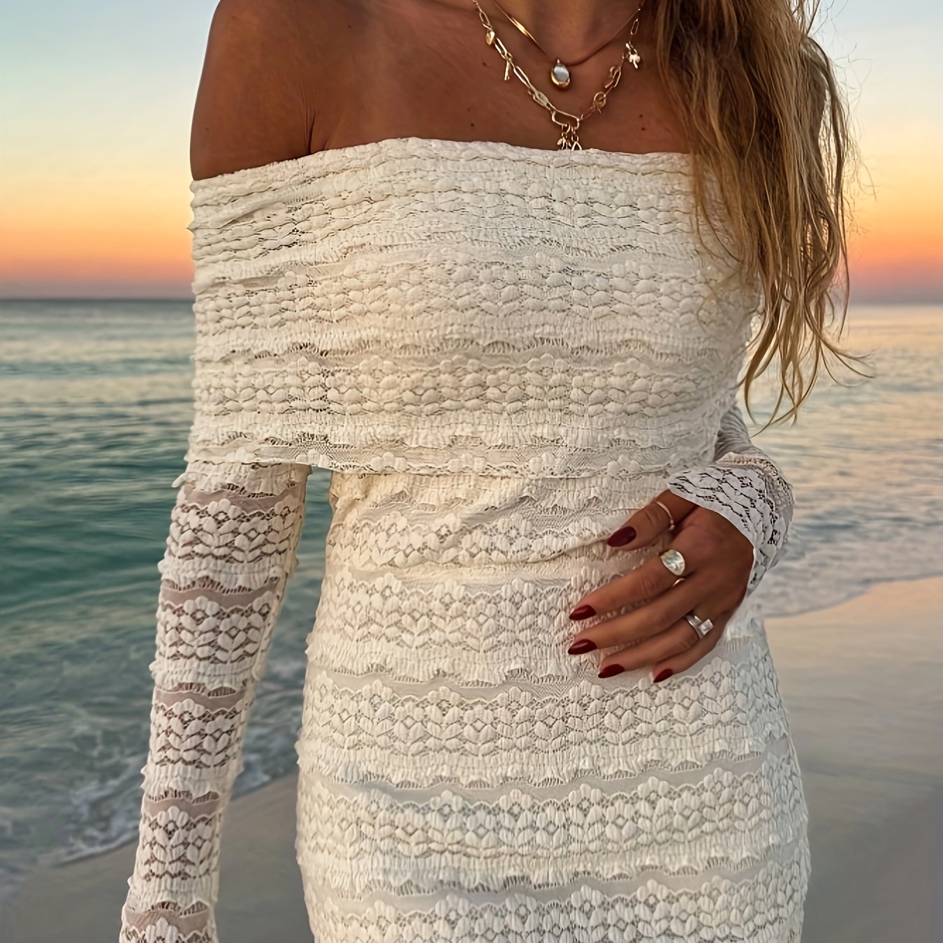 Women's Spring Autumn New Solid Color Textured Waist-cinching Sexy Off-shoulder Design Beach Vacation Sunset Atmosphere Daily Date Party Long Bodycon Dress