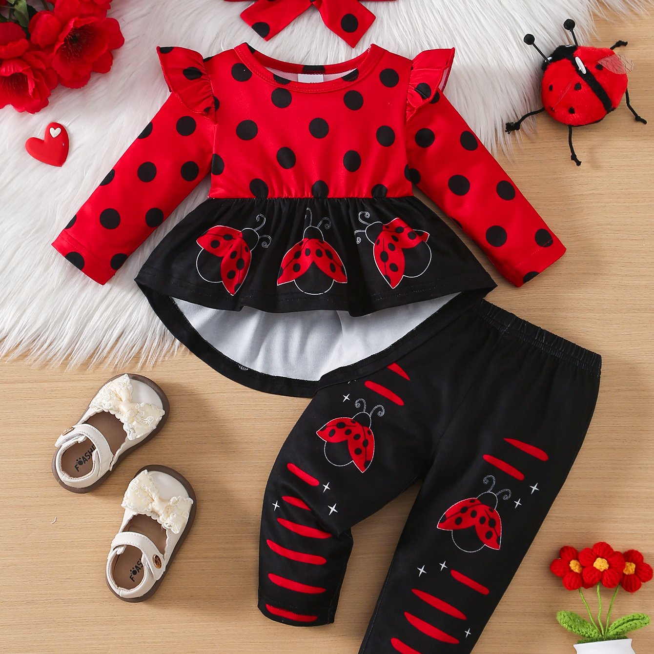 TEMU 3pcs Baby Girl Autumn Neck Small Fly Sleeve Dot Ladybug Positioning Printed Long Sleeved Pullover Skirt Shirt&elastic Comfortable Pants&headband