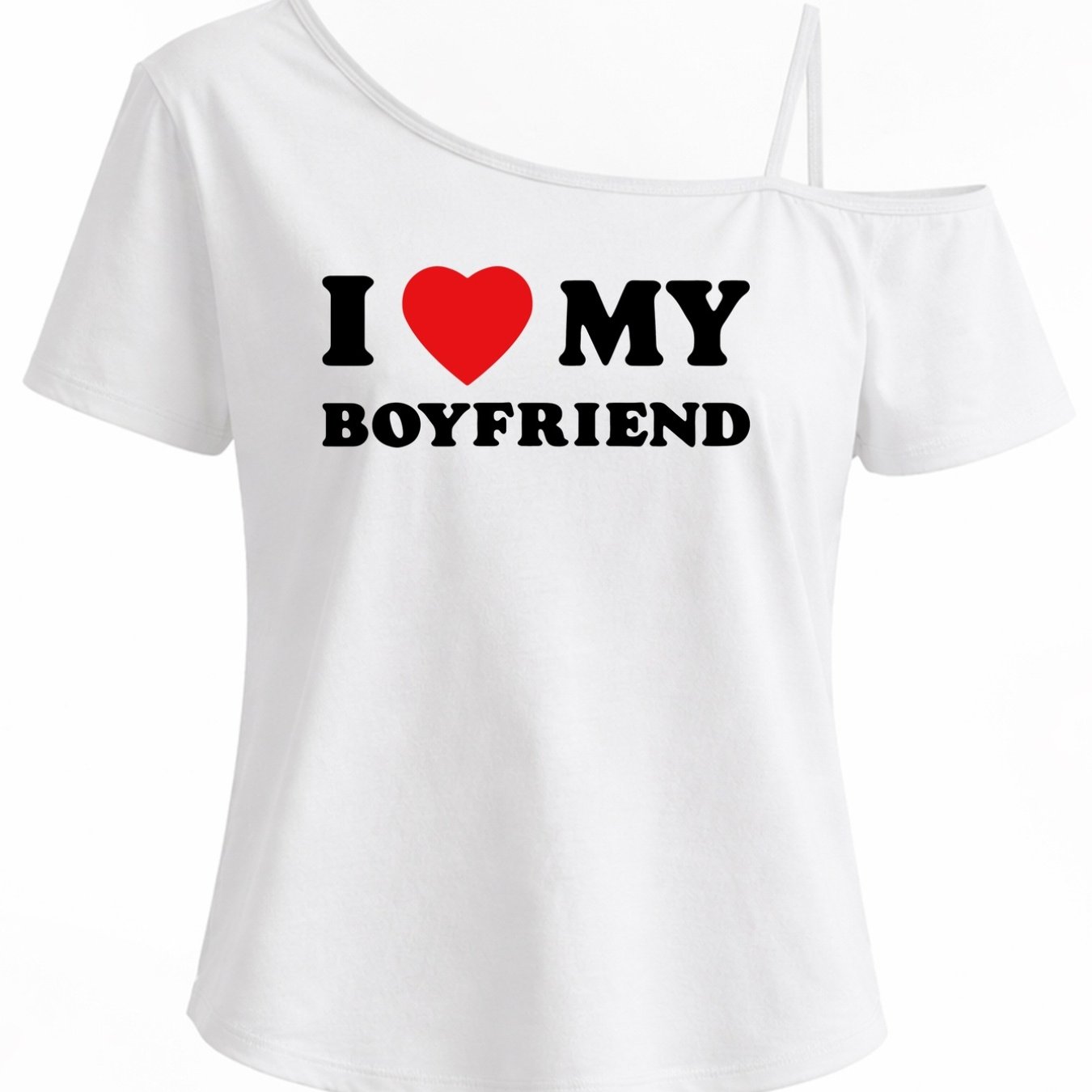 TEMU Off-the-shoulder T-shirt With "i Love My Boyfriend" Print - Single Strap Short Sleeve Top, Sexy Casual Blouse Suitable For - Wear, Machine