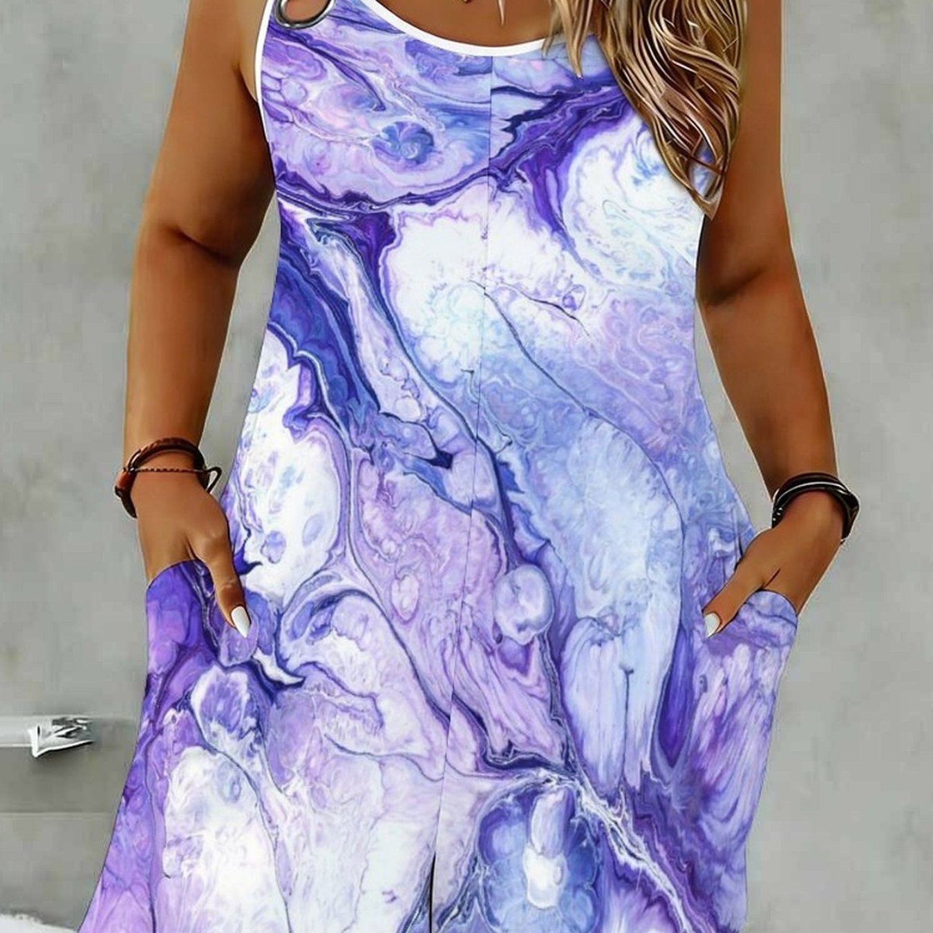 Plus Size - Women's Jumpsuit, Women's Plus Size Jumpsuit, Tie-dye Style Pattern Full Print, Elegant Women's Wear, Trendy Fashion Style, Beach Vacation , Ring Pocket Jumpsuit
