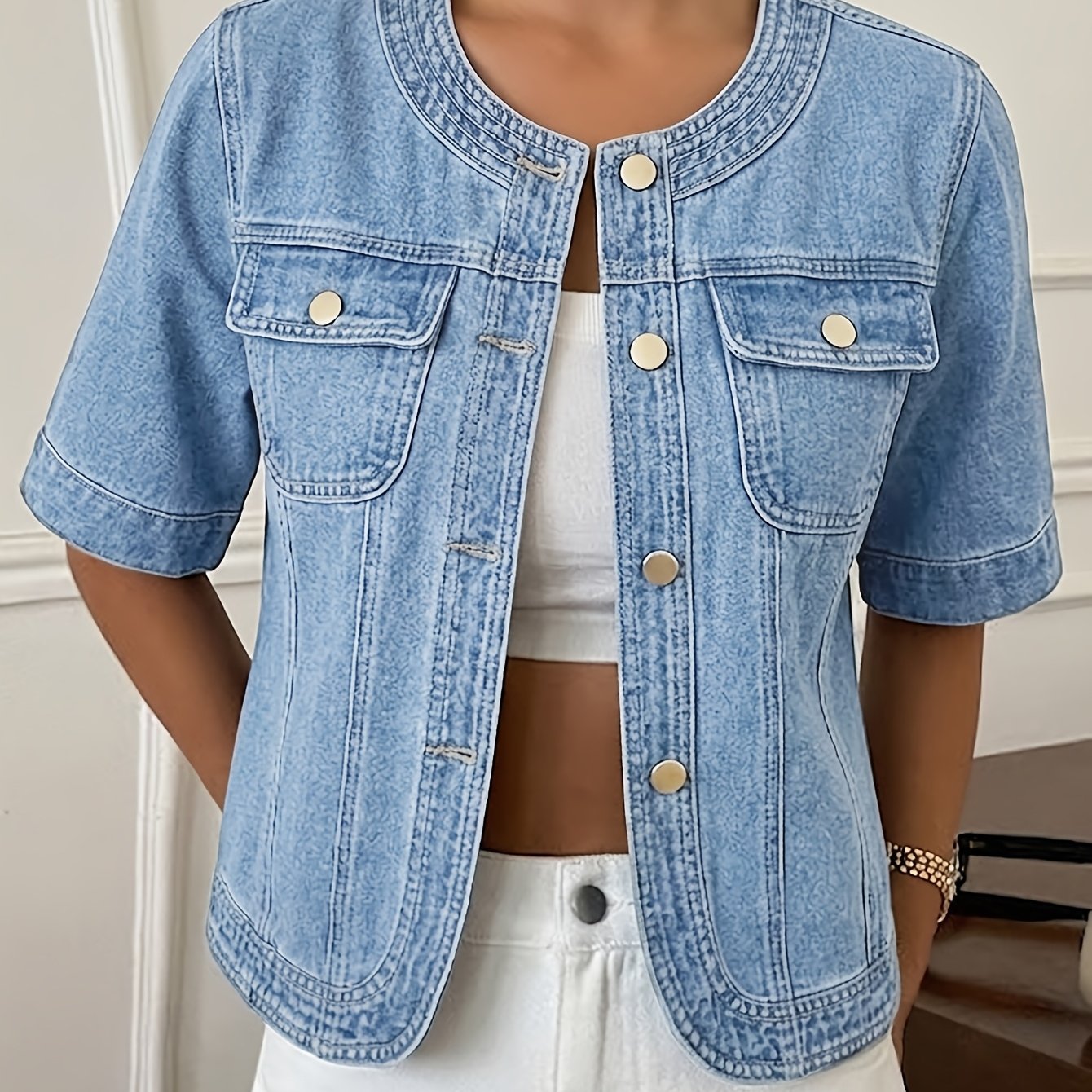 Image of Women's Casual Denim Short Sleeve Top And Jacket, Blue Short Sleeve Top With Chest Strap, Front Opening, Non-stretch Fabric, Essential