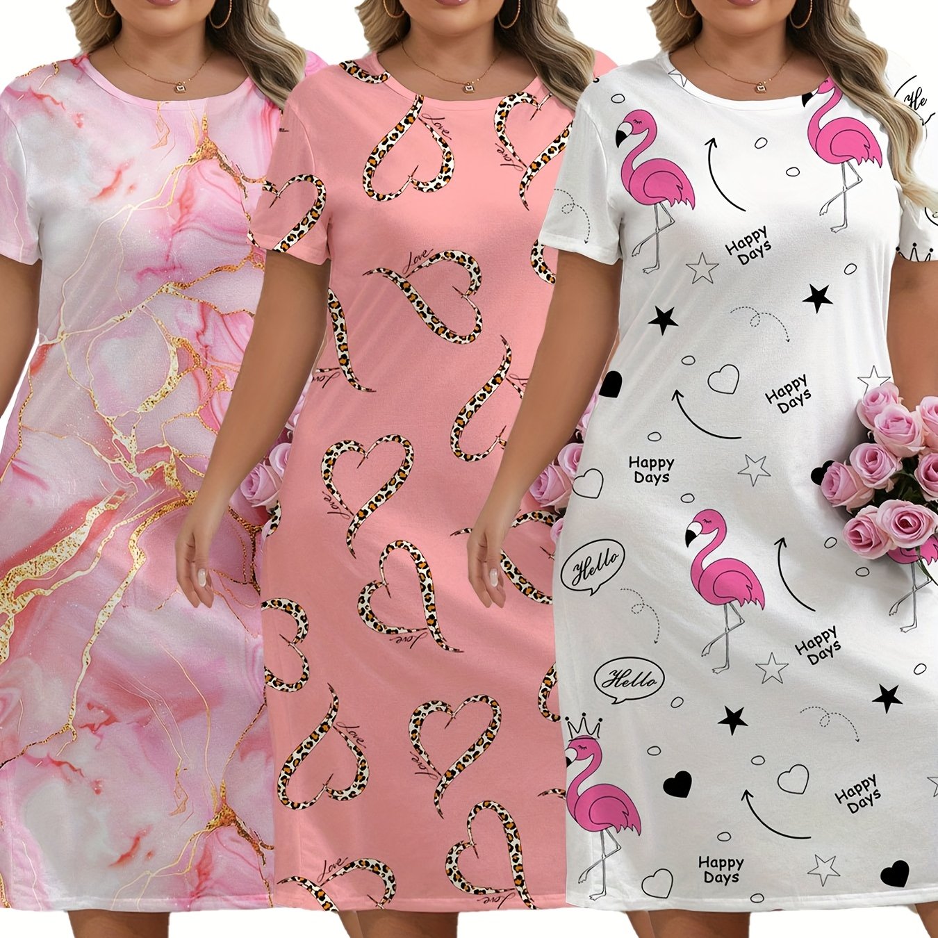Women's 3pcs Short Sleeve Nightgown Set, Comfortable Soft Pajamas Easy Pattern Nightdress, Plus Size