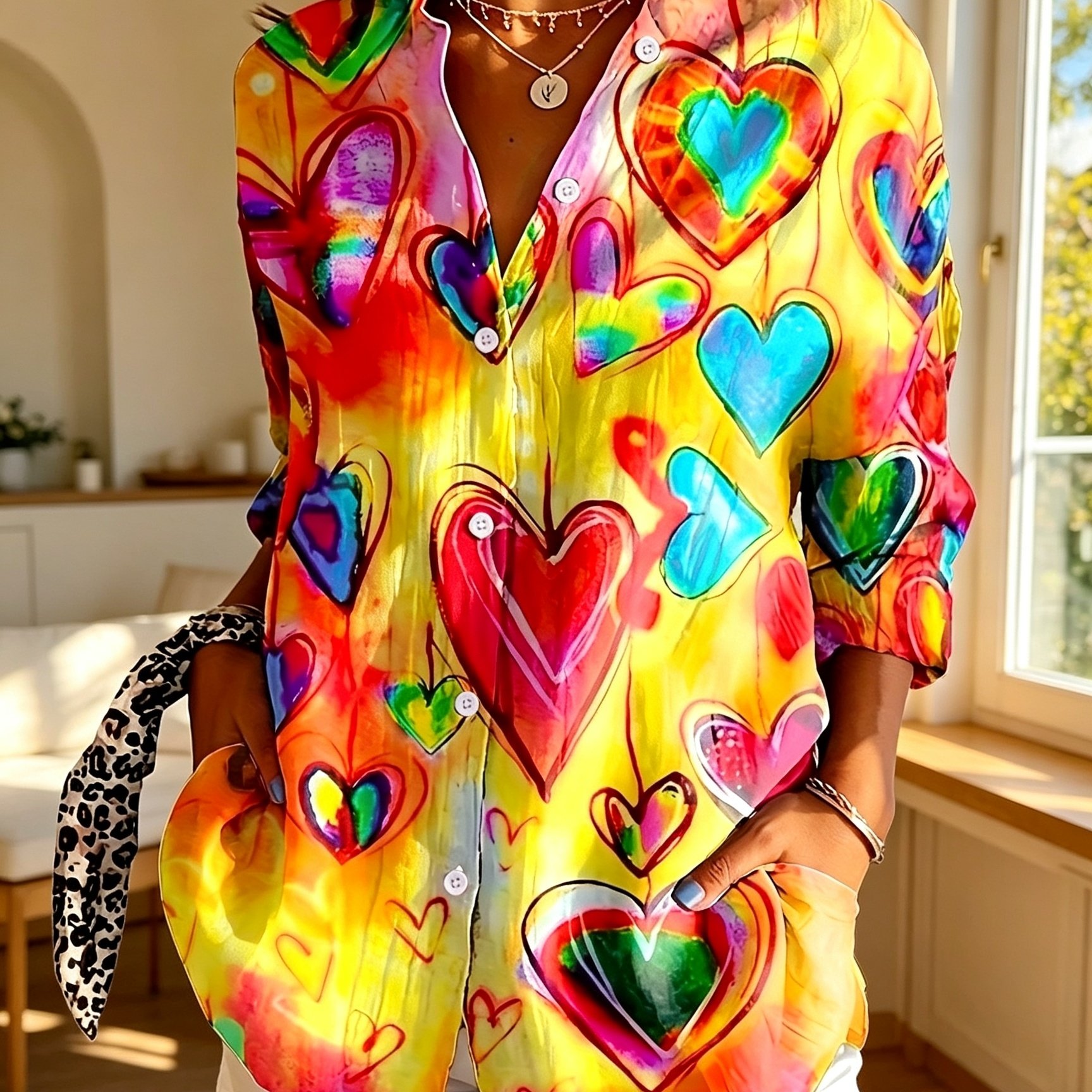 Mother's Day Heart Print Simple Blouse, Casual Button Front Long Sleeve Shirt For Women