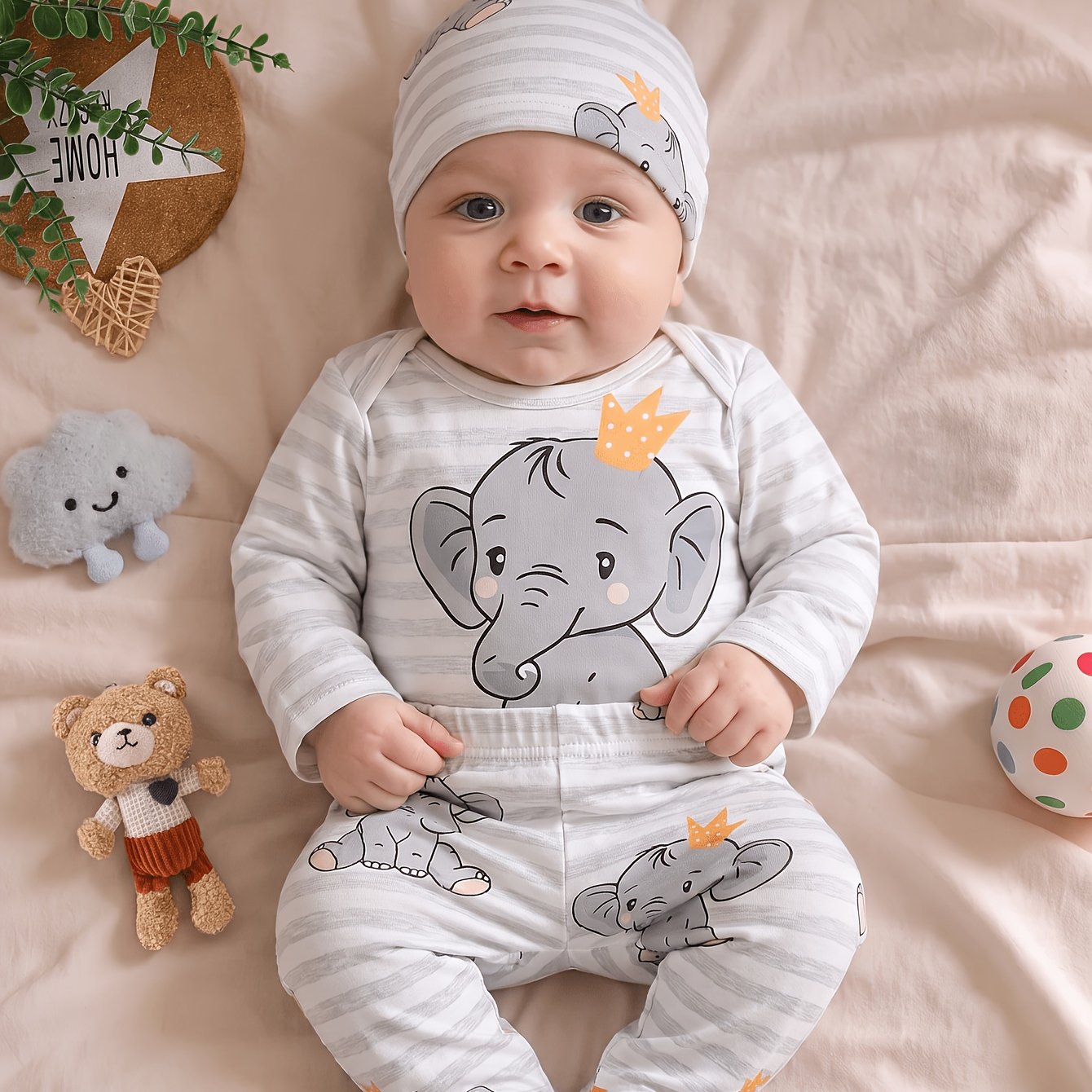 Image of Boys' Cute Elephant Cartoon Print Bodysuit + Pants Set + Hat, Infant Crawling Outfit For Spring/autumn Season, Perfect For Outdoor,halloween