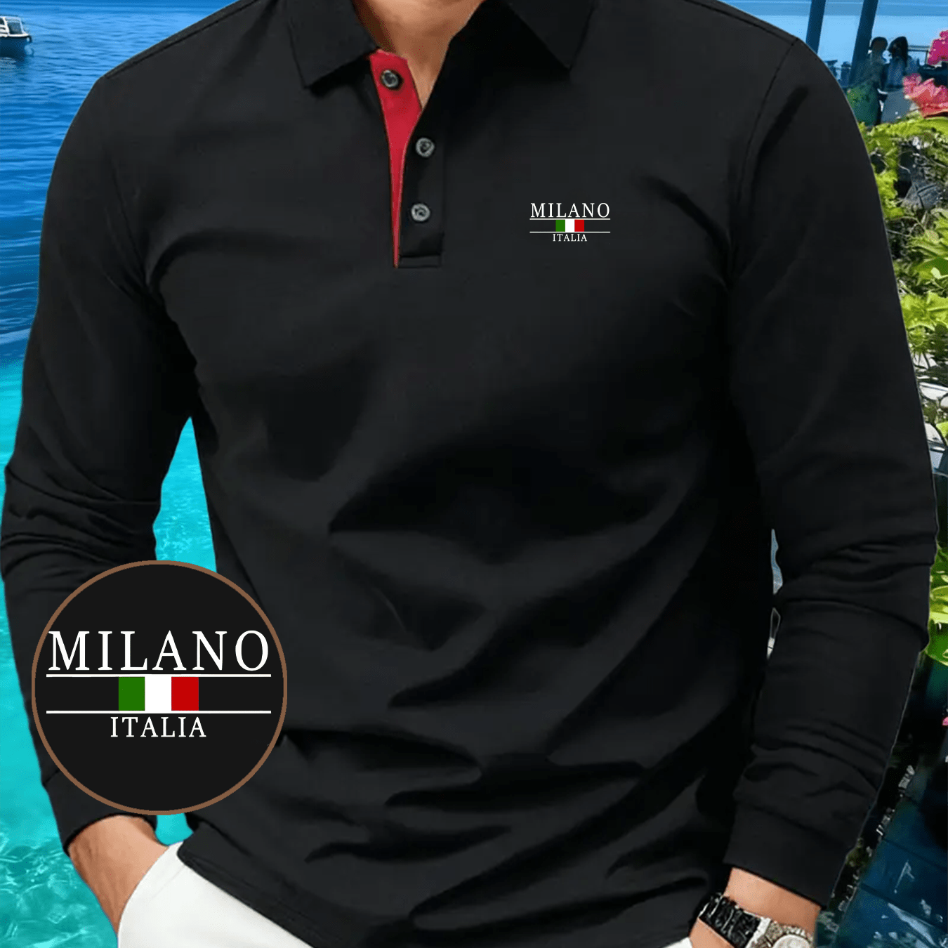 TEMU Y986-c8, 2025 Autumn/winter 's Long Sleeve Golf Tennis T-shirt, Italian Element Print, 3 Buttons, Contrast , Fashionable And High-end, Collared