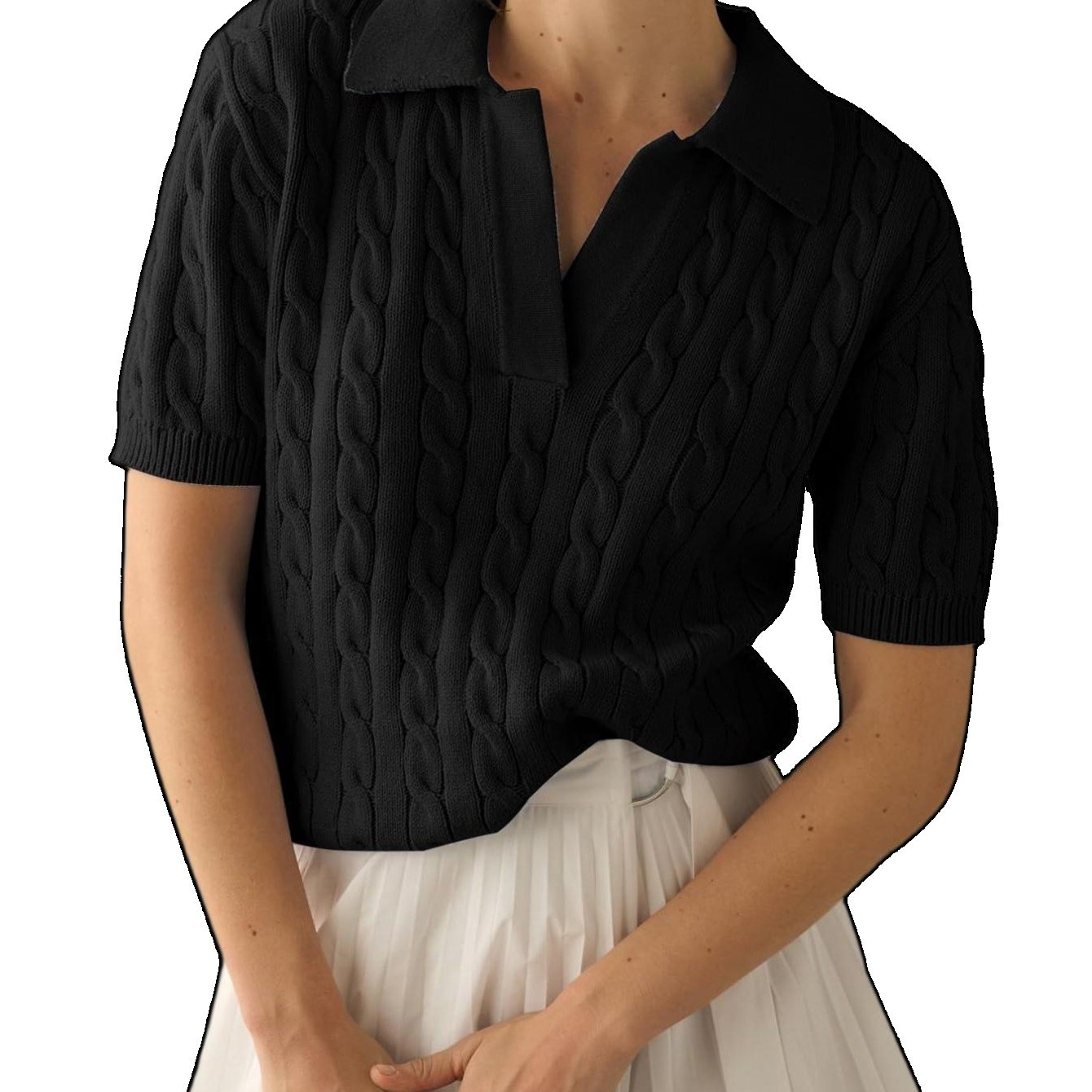 Image of Women's Cable Short Sleeve Sweaters Tops Solid Lapel V Neck Casual Soft Pullover Shirt