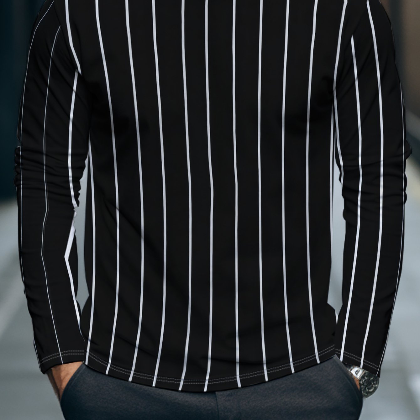 TEMU Black Long-sleeve Top With White Vertical Stripes, Simple And Fashionable With A