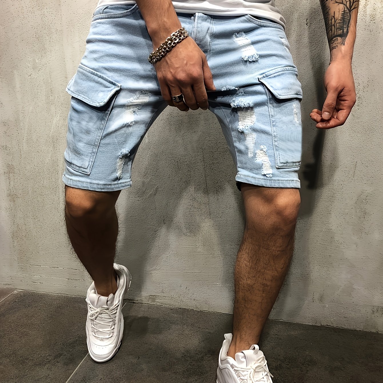 Men's Blue Ripped Denim Shorts