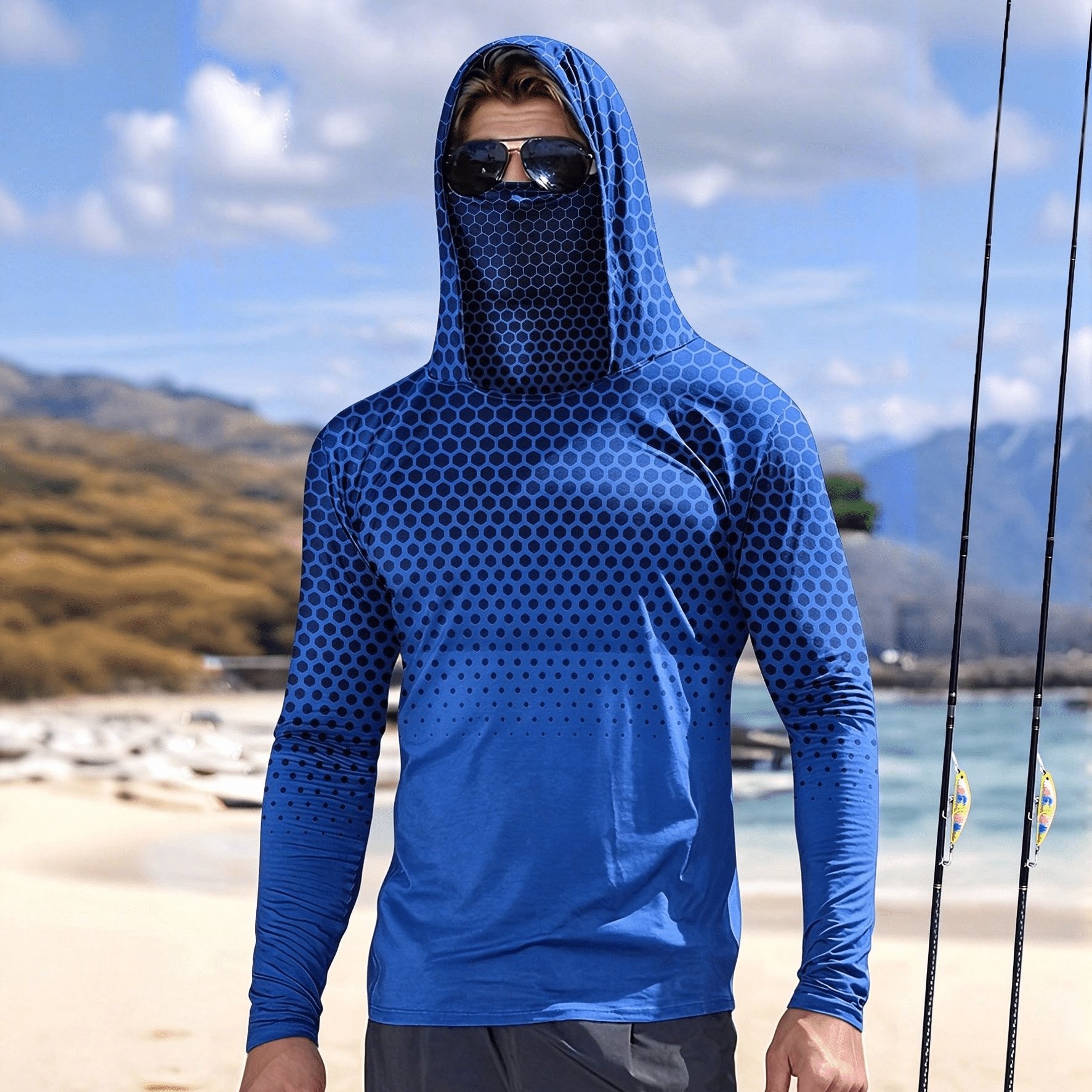 TEMU Men's T-shirt, Hoodie Men's Long Sleeve T-shirt With Mask And Hood Design, Western Loose Fit, Hiking Travel Print Long Sleeve, Outdoor Running,