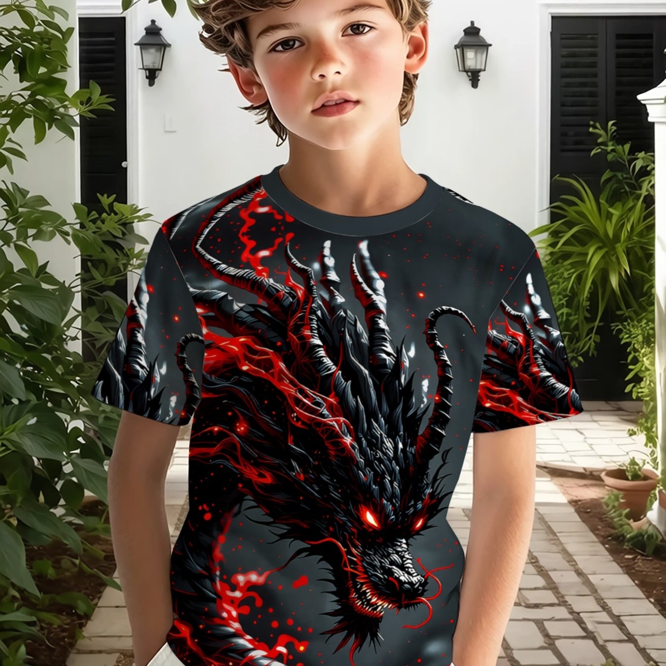 TEMU 1 Boys' Outdoor Casual Sports Round Neck Short Sleeve T-shirt, Red And Black Dragon Pattern Printed T-shirt, Comfortable And Breathable Fabric,
