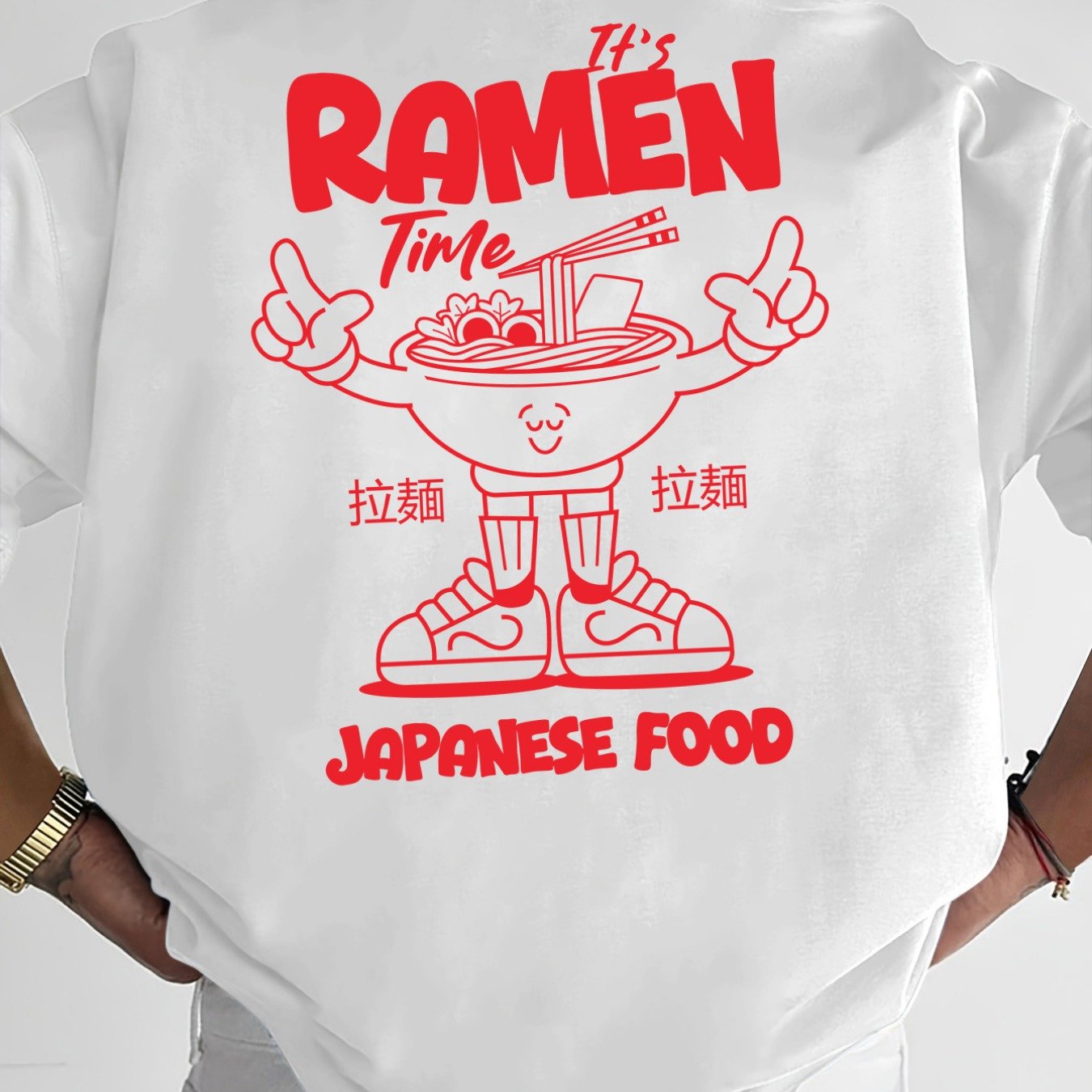 Men's Bowl (ramen Noodle) Print T-shirt - Breathable Summer Tee With Drop Shoulder, Round Neck Casual Short Sleeve Top, Machine Washable Anime Shirt