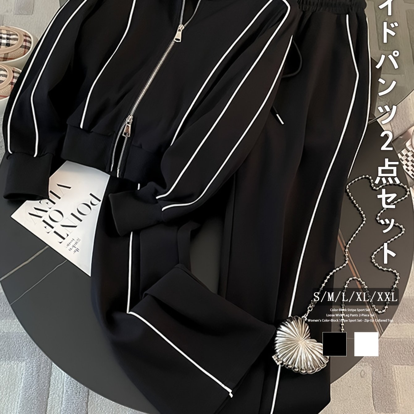 TEMU 【商品名】若々しくおしゃれな、長袖カーディガンとワイドレッグパンツのツーピースセット。ジップアップとスタンドカラージャケットが含まれており、普段使いや通勤に最適です。