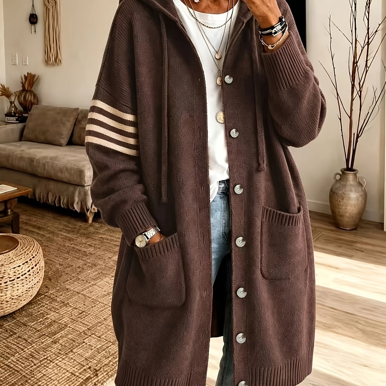 TEMU Plus Size - Lazy Style Hooded Mid-length Cardigan Striped Sleeve Large Pocket Loose Sweater