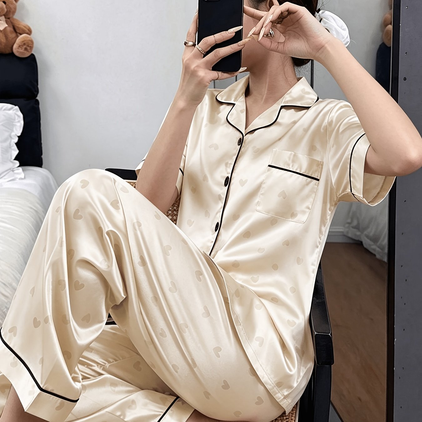 TEMU Women's 2pcs Print Pajama Set, Casual With Pocket Short Sleeve Top And Long Pants, Casual Wear