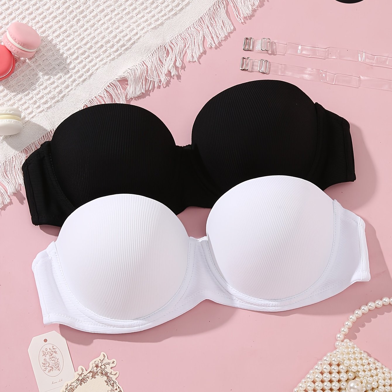 TEMU Glossy Women's Lingerie, Semi-cup Push-up Sexy Backless Bra, 2pcs