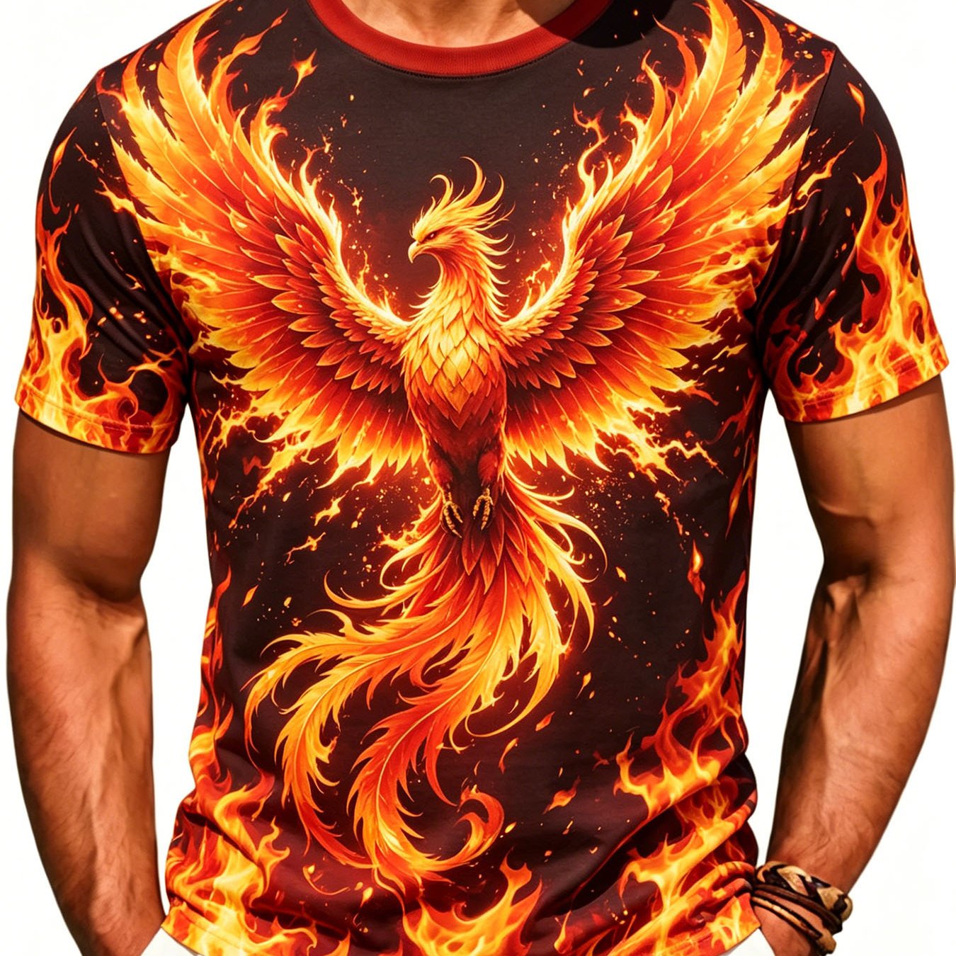 TEMU Men's Flame Phoenix Print Short Sleeve T-shirt Casual Round Neck Top Trendy Individual Style Base Layer Trendy Flame Phoenix Pattern Daily