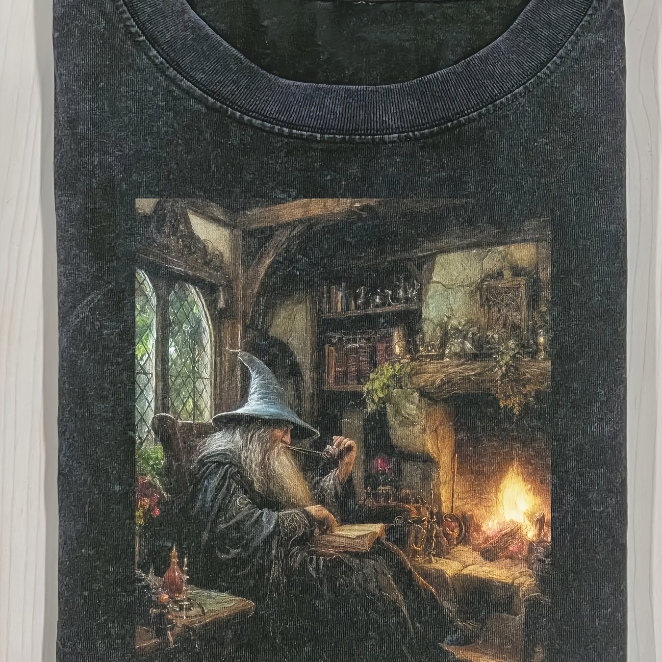 Image of Cozy Gandalf Reading Washed Men's T-shirt, 230g Pure Cotton, Men's Summer Clothing, Vintage Distressed Style, Men's Gift, Casual Outing And Vacation