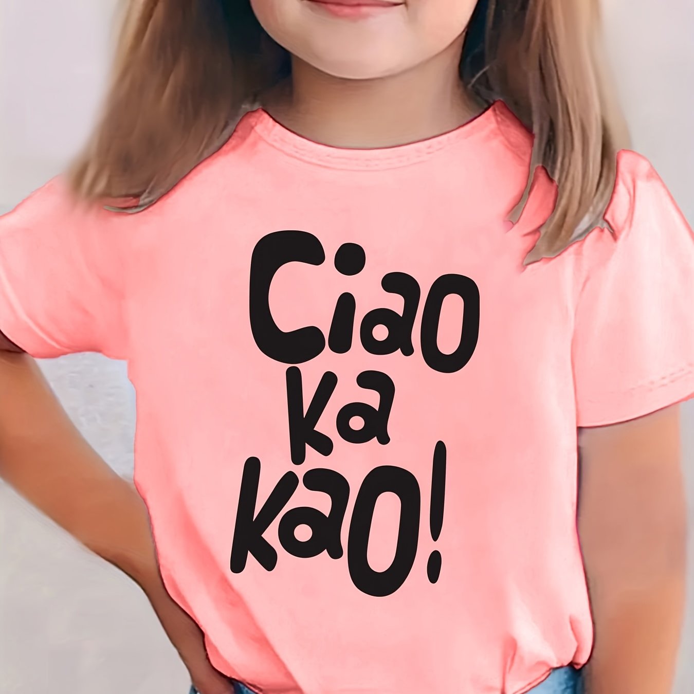 Image of Summer Fashion Girls' Short-sleeve T-shirt With " Ka Kao!" Letter Cartoon Print, Casual And Versatile Top Ny-dx9323