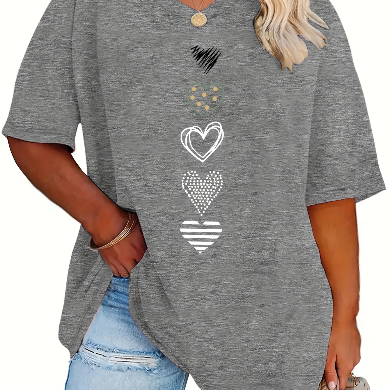 TEMU Plus Size, /summer Plus Size Women's Fashion Polka Dot And Stripe Hollow-out Heart Combination Print Loose Drop-shoulder Half-sleeve T-shirt,