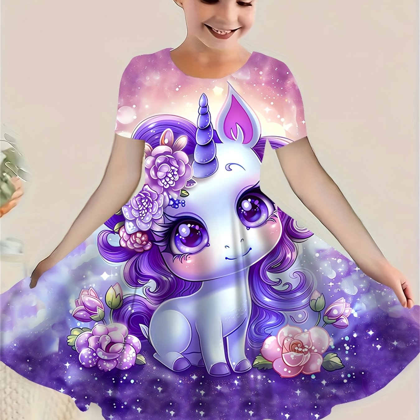 Image of New Summer Unicorn Dress, Cute Cartoon 3d Printed Girls' Dress, Purple Sea Of Flowers Unicorn Children's Casual Short-sleeve Dress