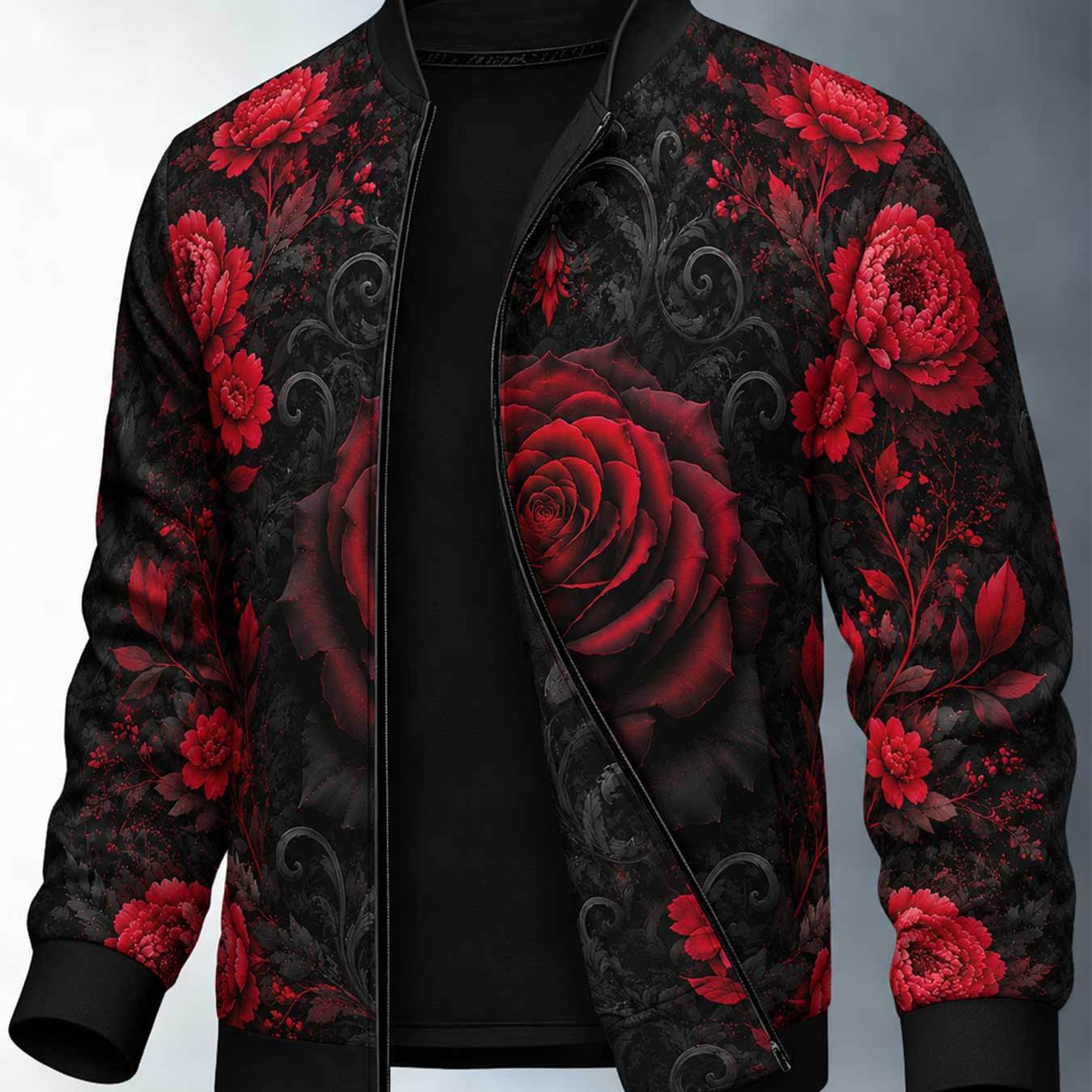 Men's Stand Up Collar Zipper Sports Jacket Gothic Red Rose Print Vintage For Urban Streetwear And Daily Casual