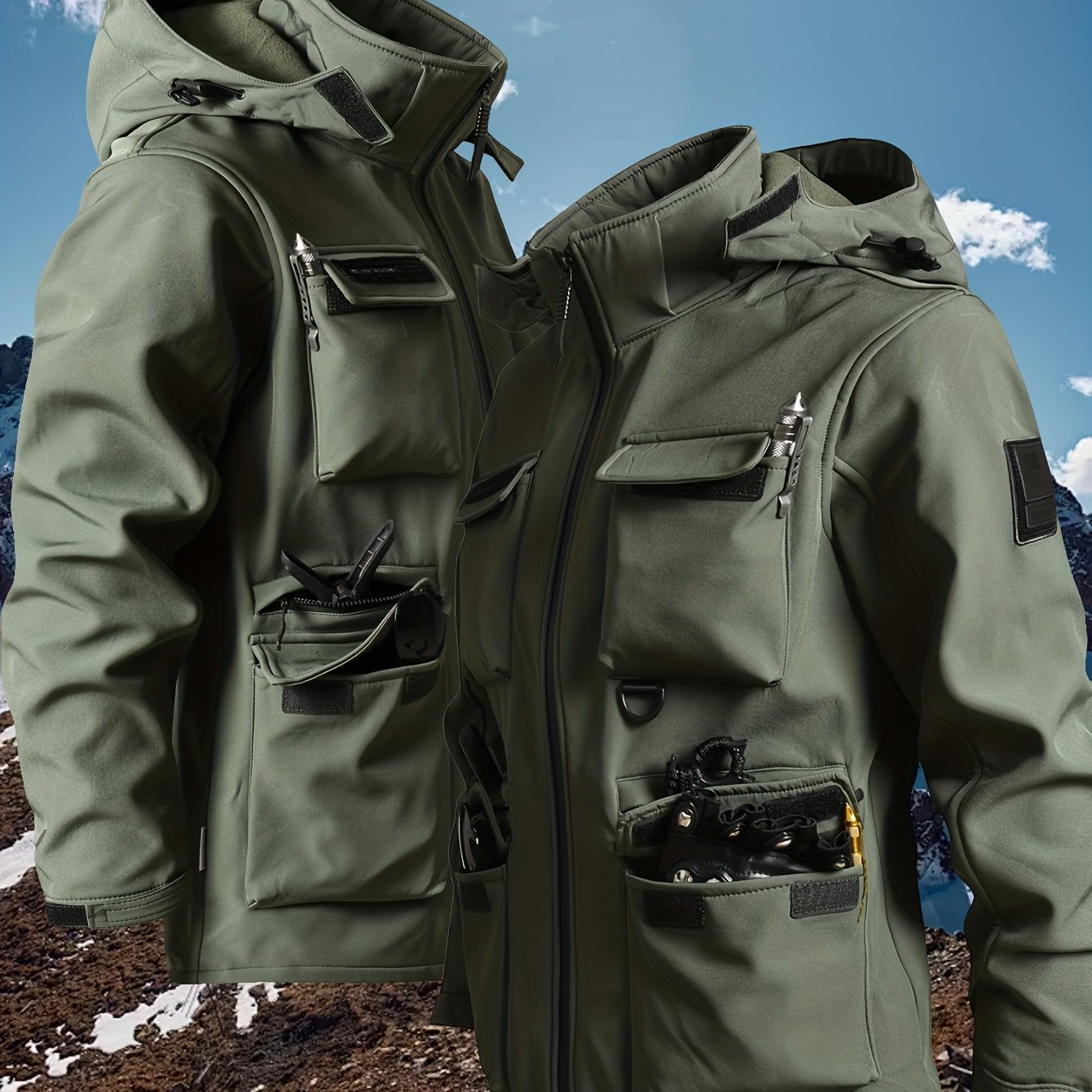 Men's Windproof Fleece-Lined Thickened Jacket with Hood and Multiple Pockets