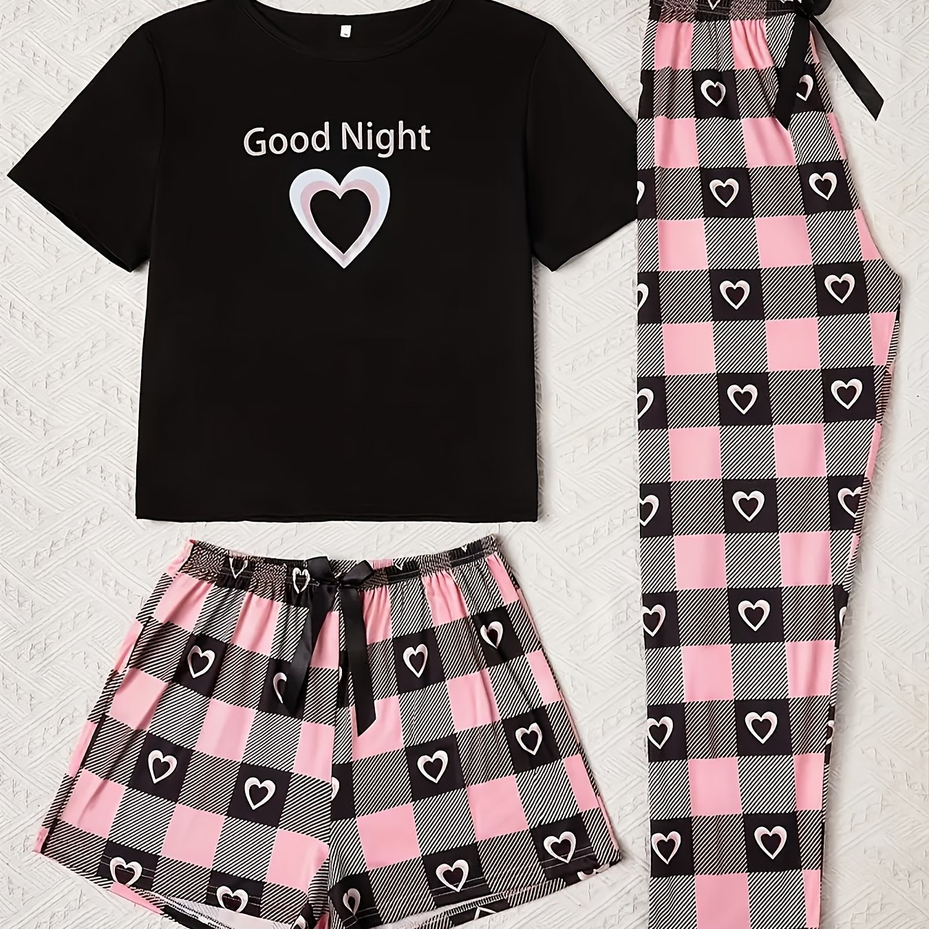 E-shop Grau und Rot Love Print Damen Casual Pajama Set mit kurzen Ärmeln, Shorts und langen Hosen Drei Stücke