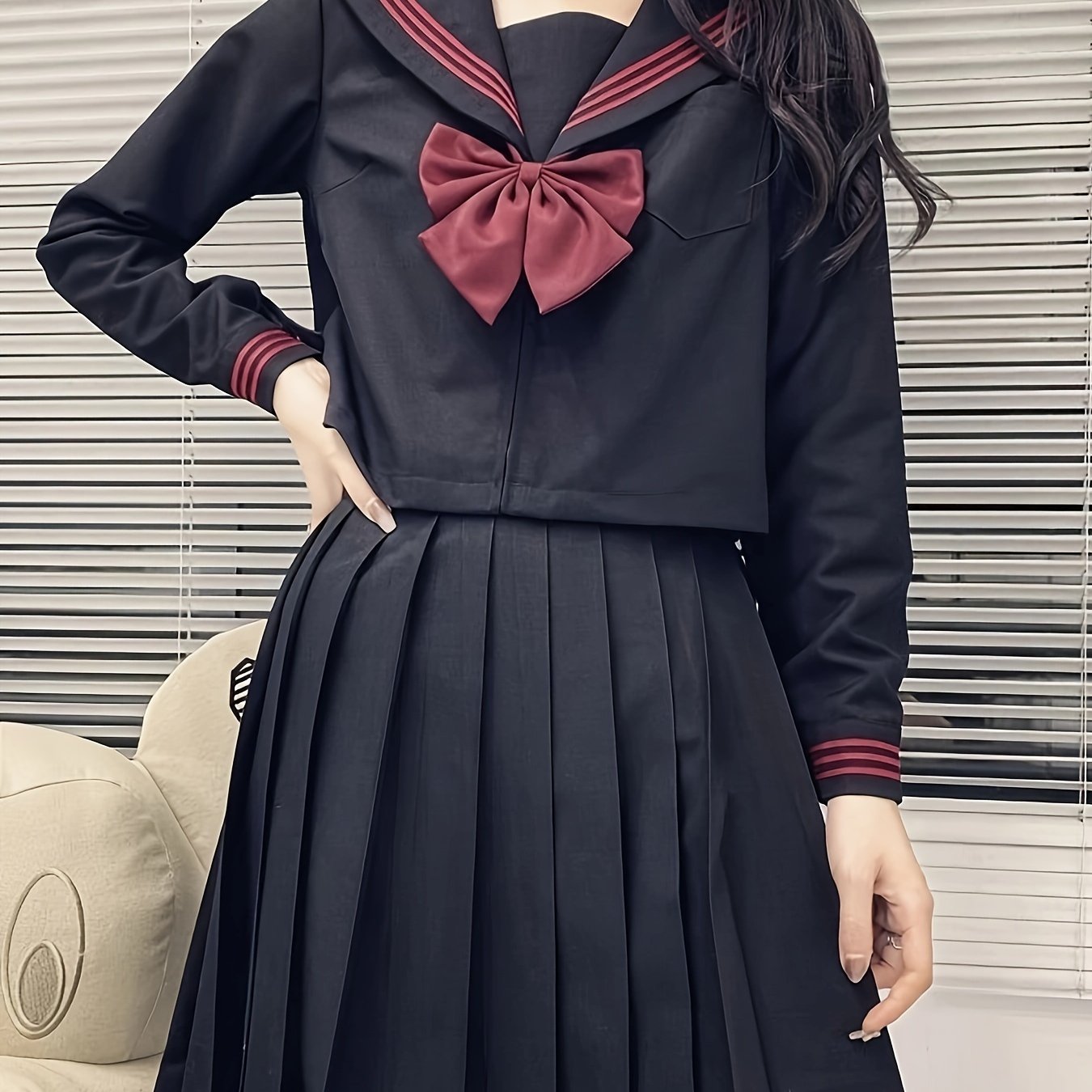 TEMU ショートスカート レディースツーピースセット 赤いタイと赤い三つ編み付き 基本セーラー制服 レディース長袖セット