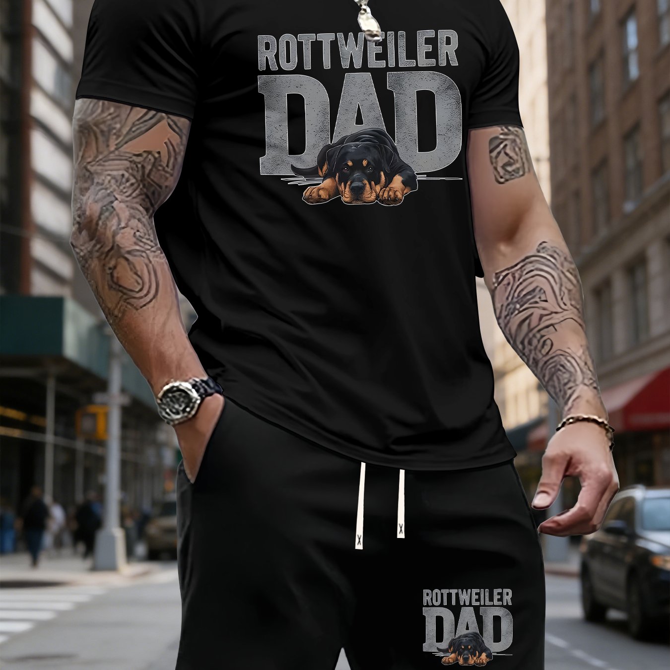 TEMU Men's Summer T-shirt Two-piece Set, Featuring A Rottweiler Design, Versatile Shorts Outfit, Casual Short-sleeve Top, Trendy Leisure Sportswear