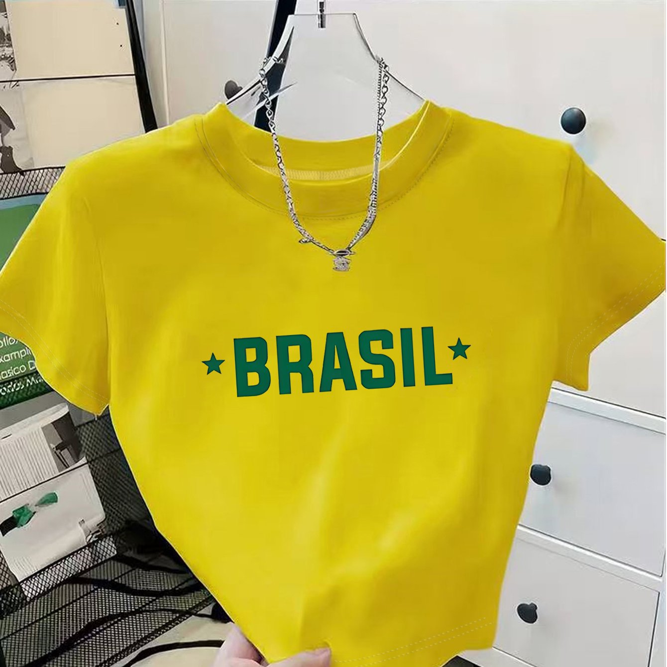 TEMU 1pc Women's Y2k Style Brazil Brasil Letter Star Element Street Casual College Style 2d Print Short Sleeve Crop T-shirt