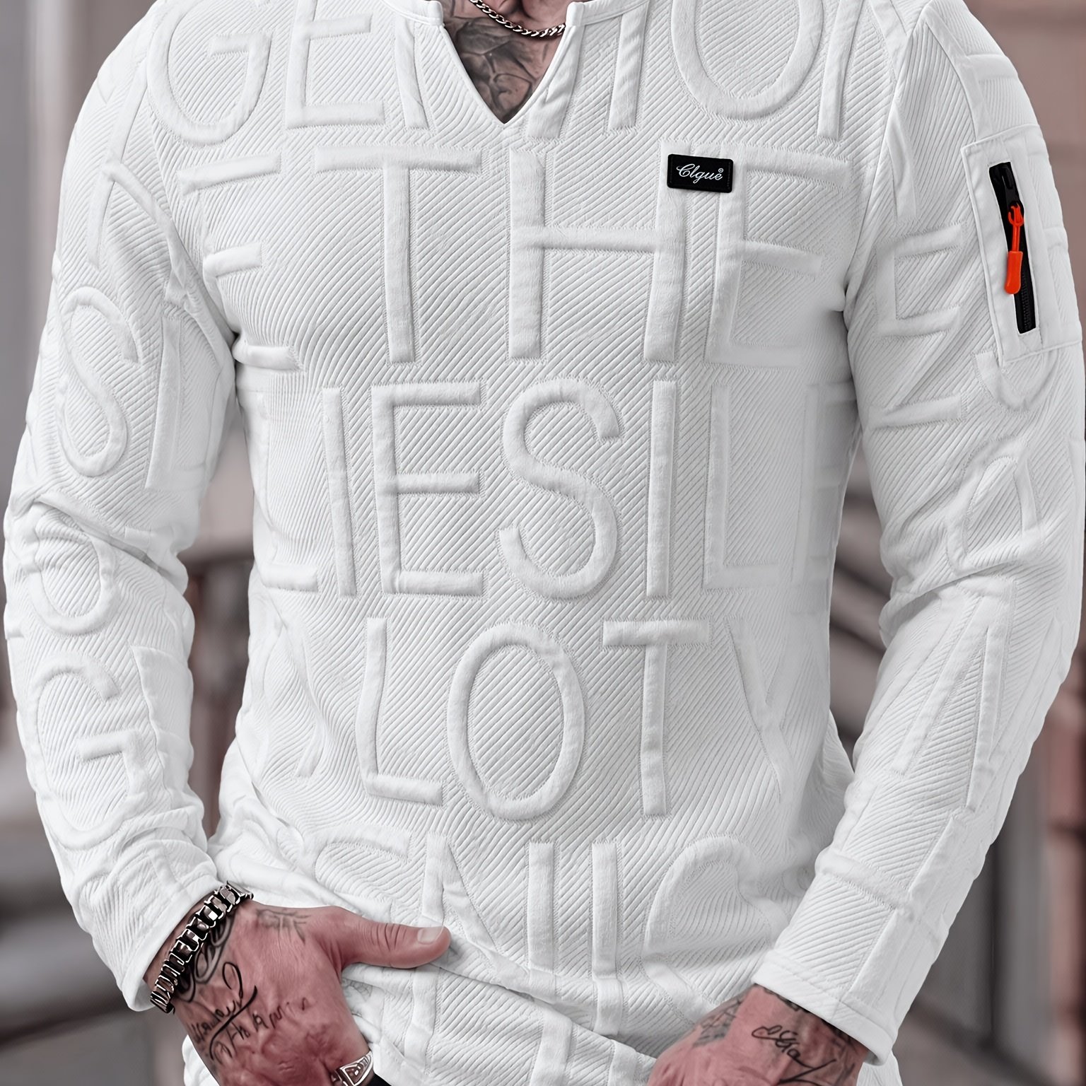 TEMU Men's Fashion Top, Autumn/winter Outdoor Casual Textured Jacquard Letter Fabric, Solid Color Notched V-neck Long Sleeve Men's Henley Shirt, New