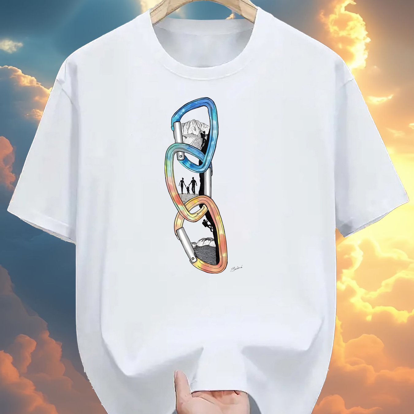 TEMU Men's Trendy Summer Climbing-inspired Casual Short Sleeved T-shirt, Perfect For And Everyday , Featuring Vibrant Colorful Carabiners And Scenic