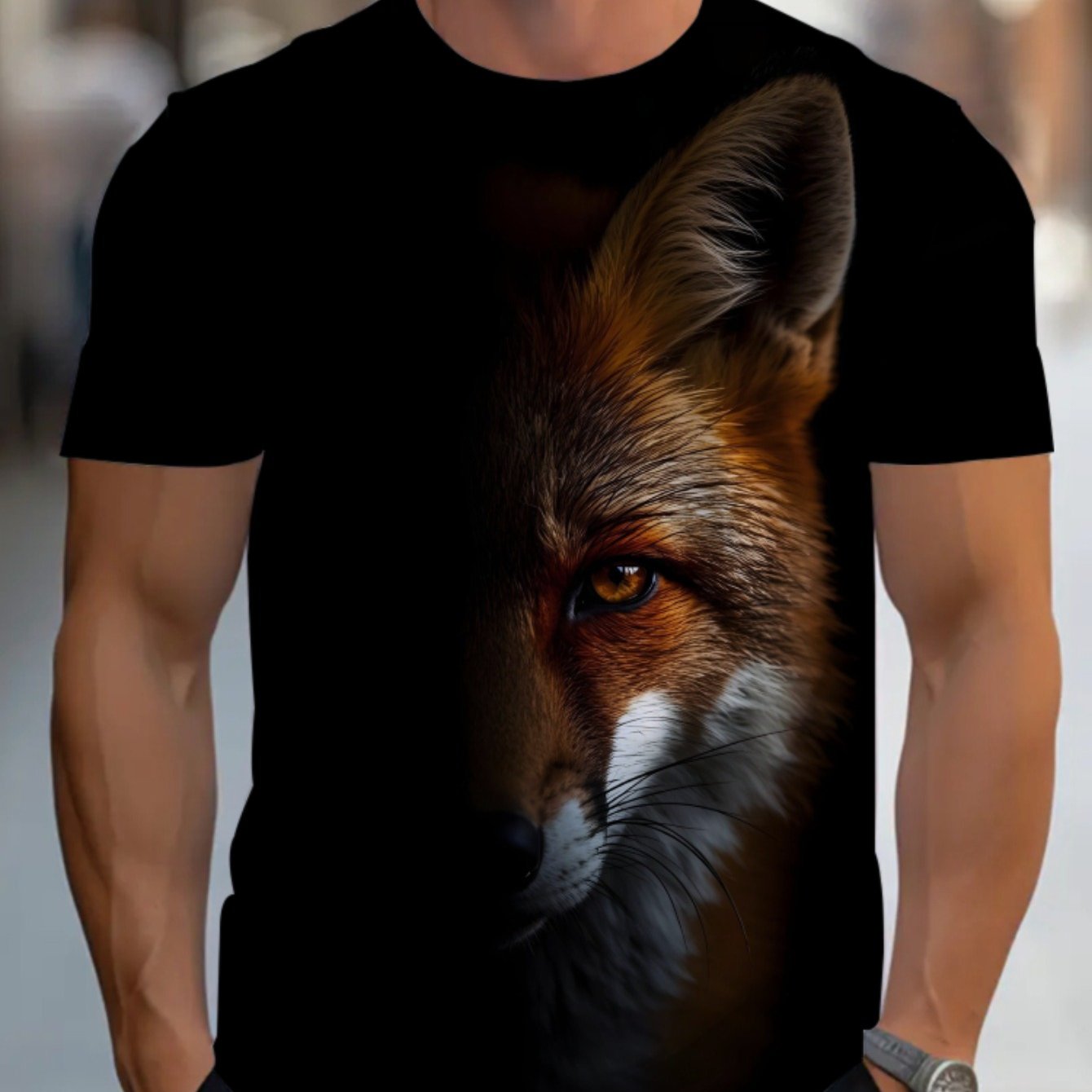 TEMU Men's Print T-shirt - Loose Fit Full-body Fox Design, Lightweight & Durable Round Neck Tee Suitable For Camping, Hiking, Outdoor Activities,