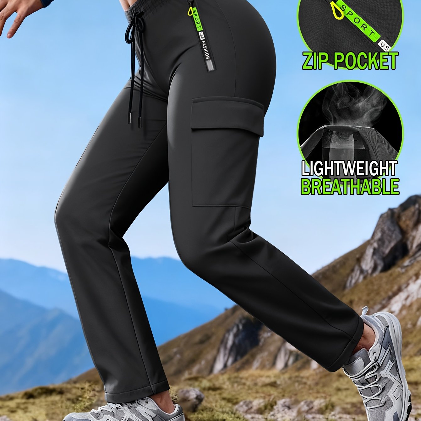 E-shop Damen Frühling/Herbst Neue Casual Cargo-Hose mit Reißverschlusstaschen, Kordelzug elastischem Bund, Leichte Atmungsaktive Arbeitskleidung mit ,