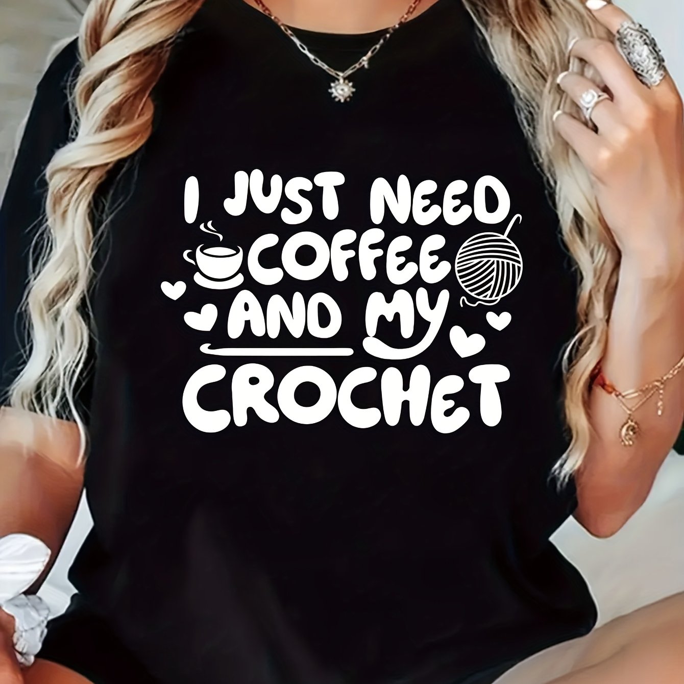 TEMU I Coffee And My Crochet Printed T-shirt Design, A Casual Round-neck Short-sleeve Top Made Of Stretchy, Breathable Polyester , Summer.