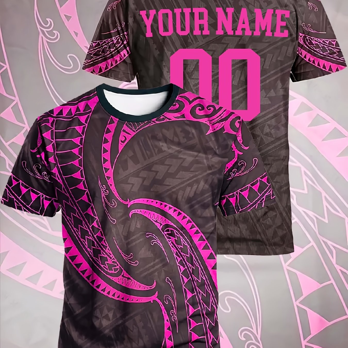 TEMU Custom Name& Number Polynesian Tribal Spiral Tattoo Print Short Sleeve T-shirt, Quick-dry Athletic Tee For , Soccer Matches, Island Fans&