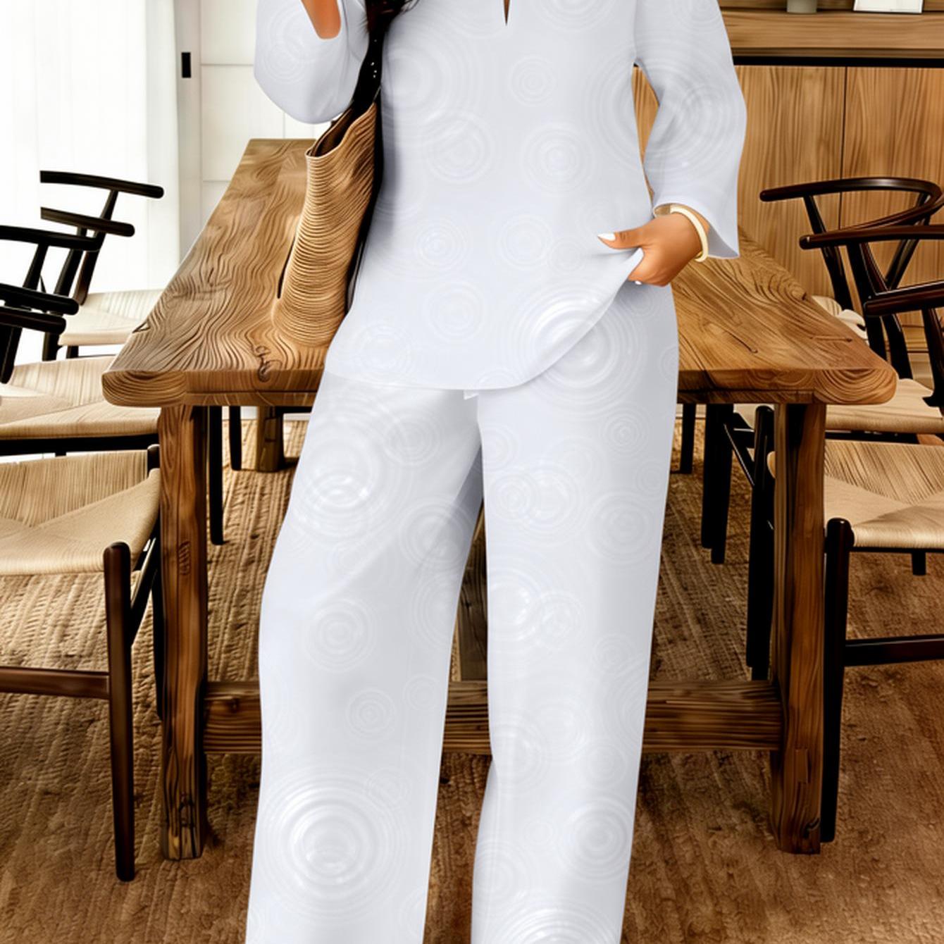 Plus Size - Plus Size - Plus Size Women's 2pcs Set Elegant White Long Sleeve Pants Set With Pattern For And Lounge Wear Suitable For Spring/summer Outdoor Outfits, Gifts For Mother's Day