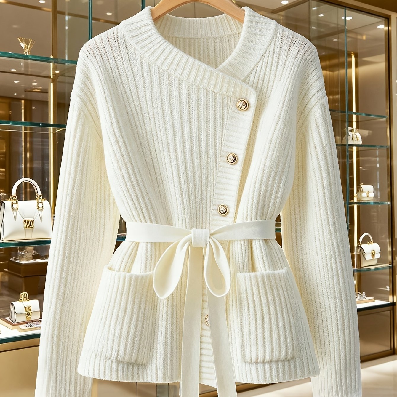 TEMU Irregular Slant Golden Button Cardigan For Women, Drawstring Waist Ribbed Texture Long Sleeve Outerwear, Light Luxury Temperament Drop Shoulder