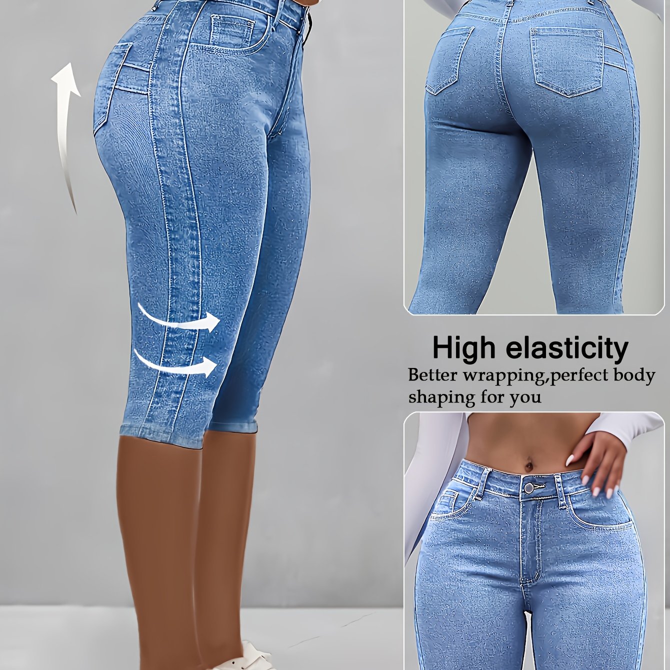 Image of Women's Denim Capris 7/8 Length - Light Blue (black Optional), Stretch Slim Fit Elastic Waist Jeans, Elegant Daily Wear